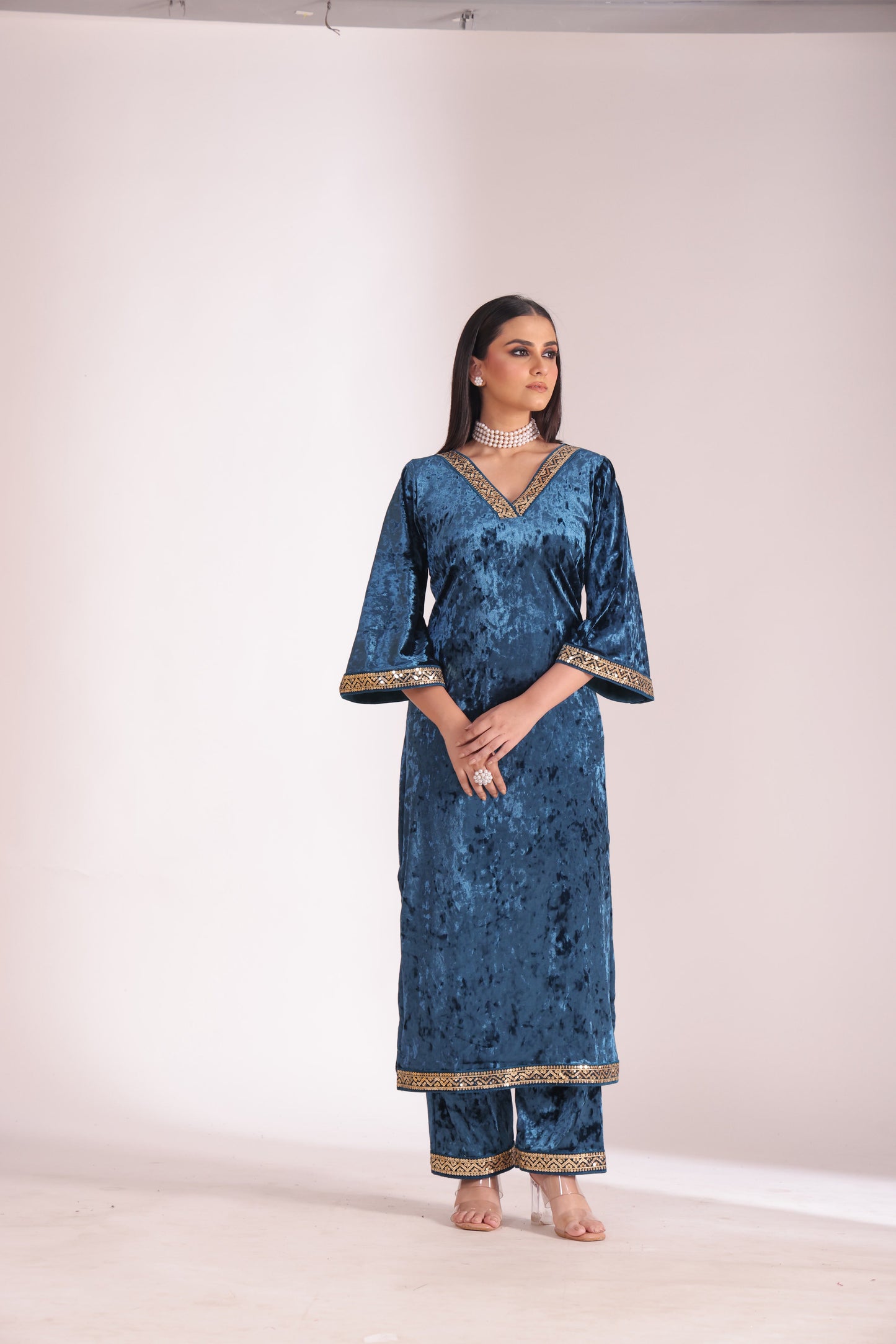 Noor-E-Zar Teal Velvet Kurta with velvet pants and Shawl - Set of 3