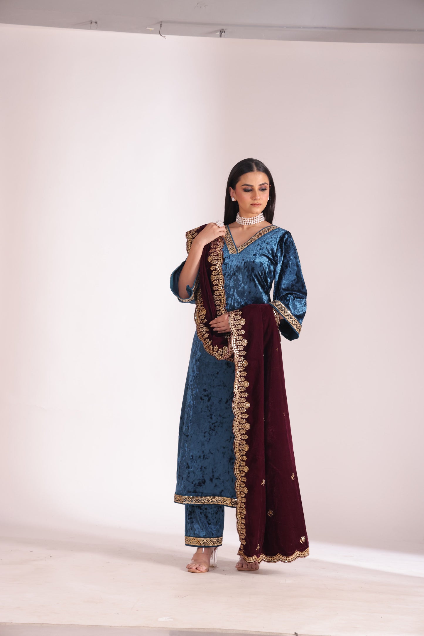 Noor-E-Zar Teal Velvet Kurta with velvet pants and Shawl - Set of 3