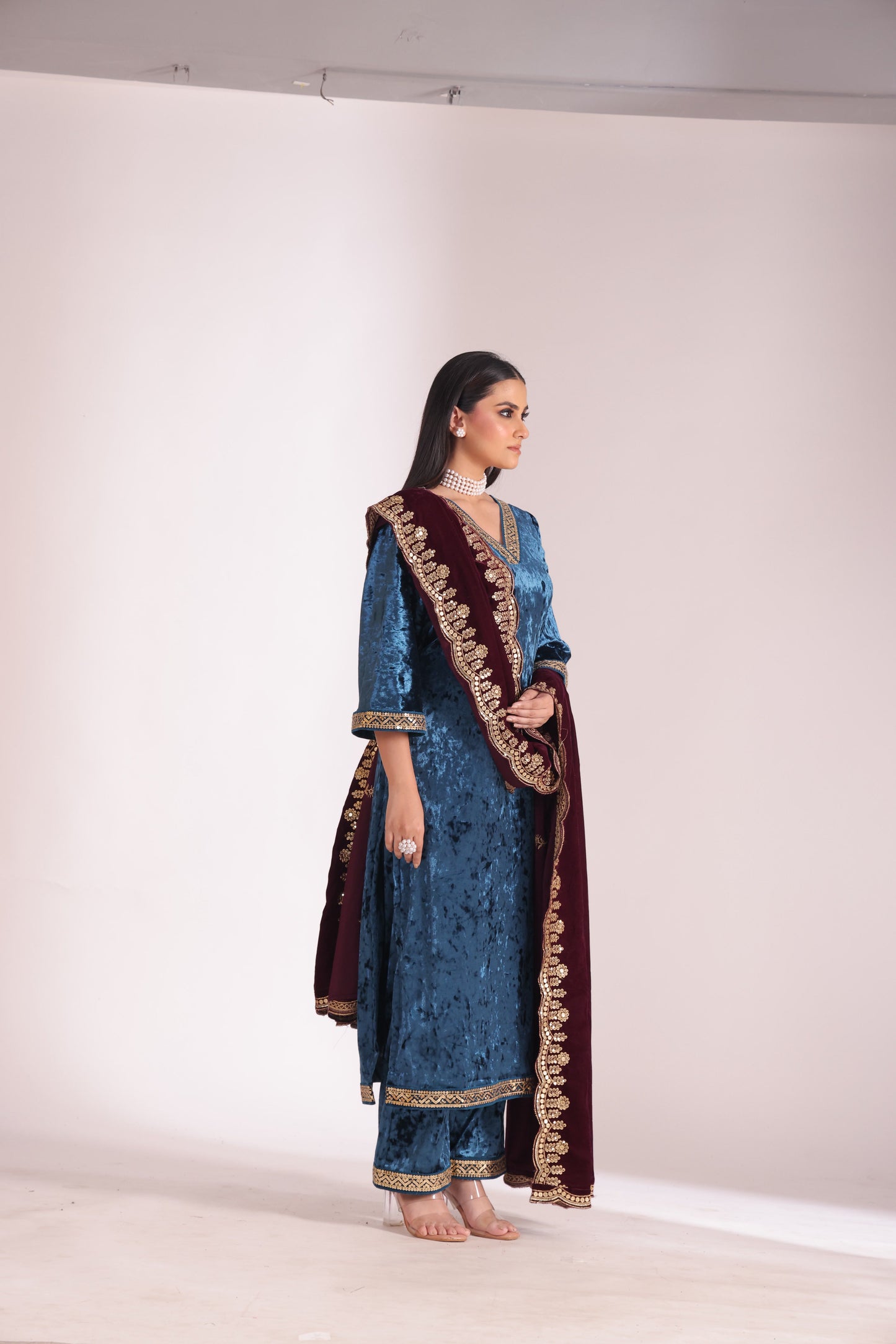 Noor-E-Zar Teal Velvet Kurta with velvet pants and Shawl - Set of 3