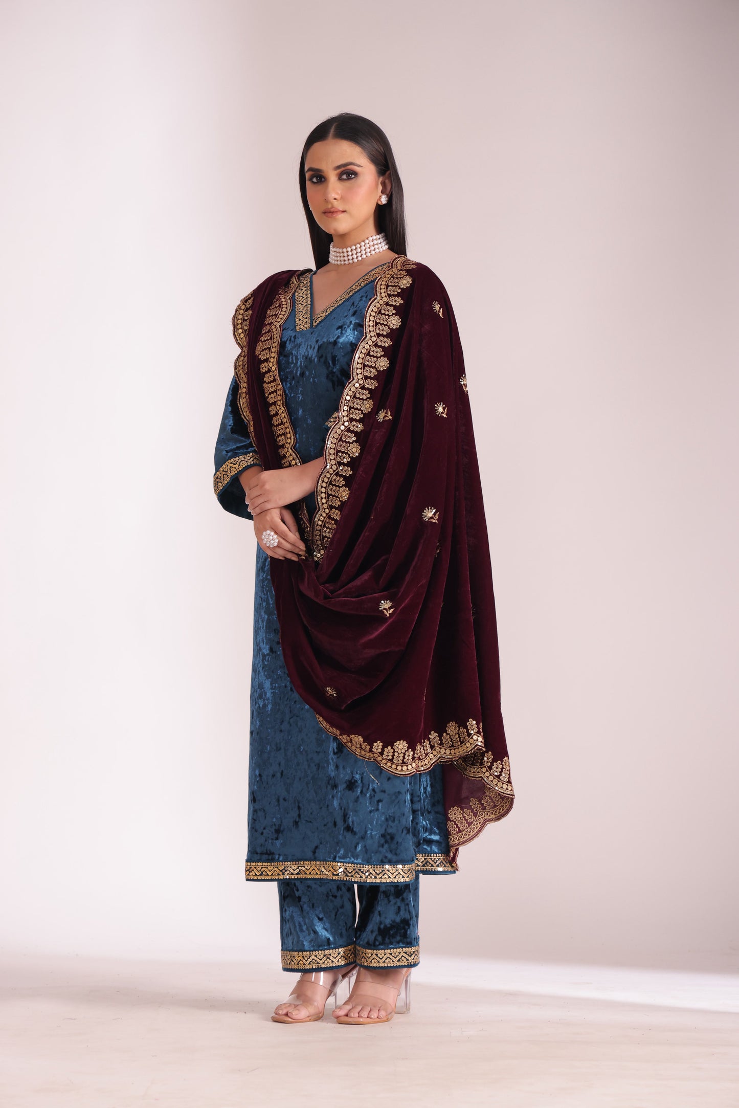 Noor-E-Zar Teal Velvet Kurta with velvet pants and Shawl - Set of 3