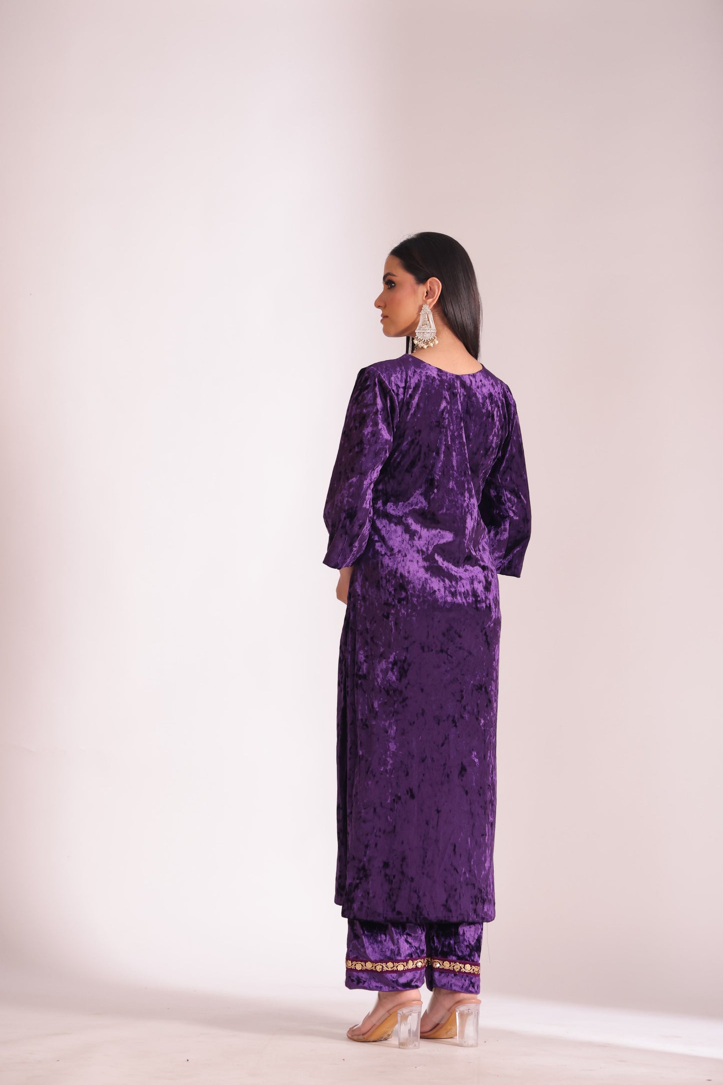 Noor-E-Zar Purple Velvet Kurta with Velvet Palazzo and Shawl - Set of 3