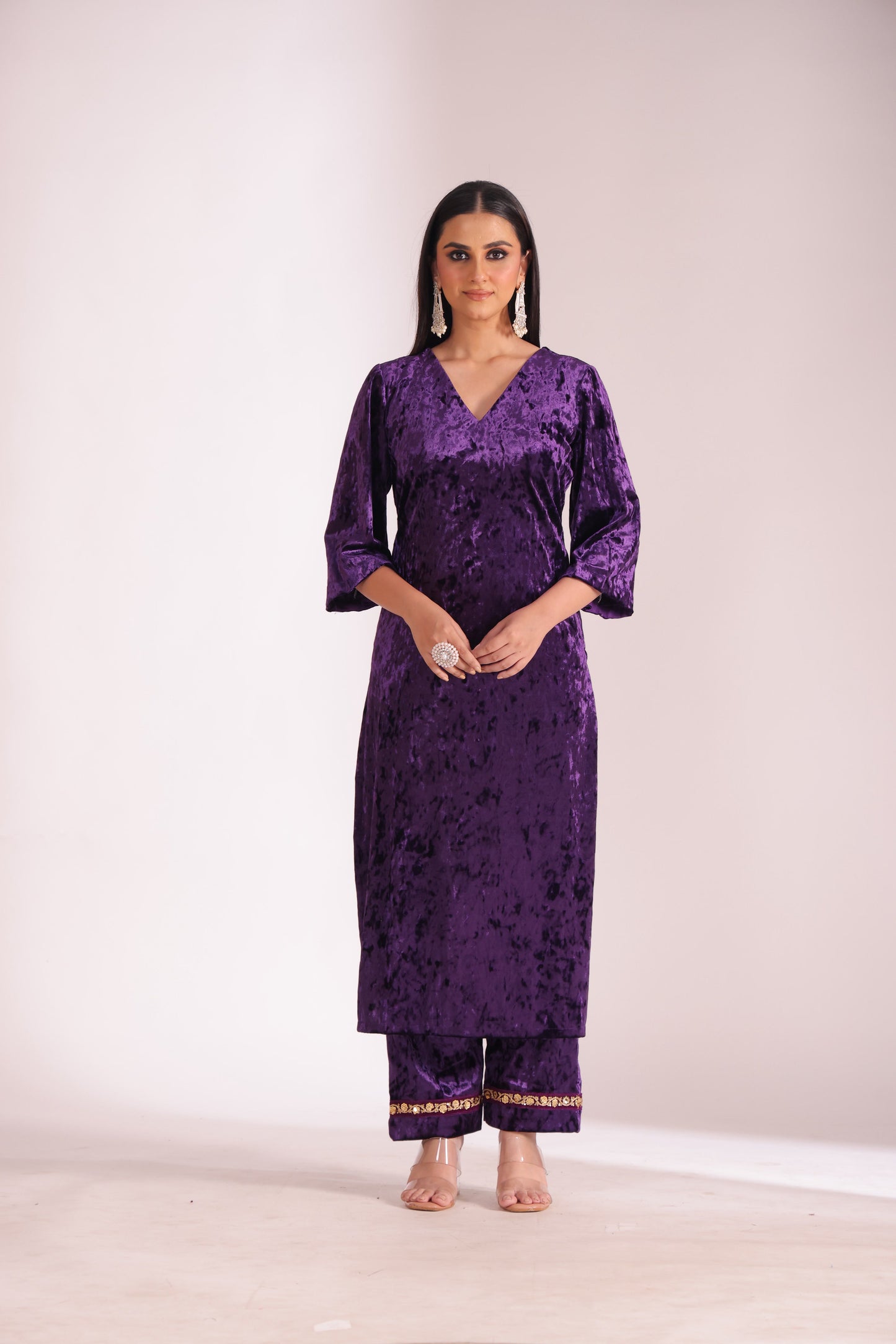 Noor-E-Zar Purple Velvet Kurta with Velvet Palazzo and Shawl - Set of 3