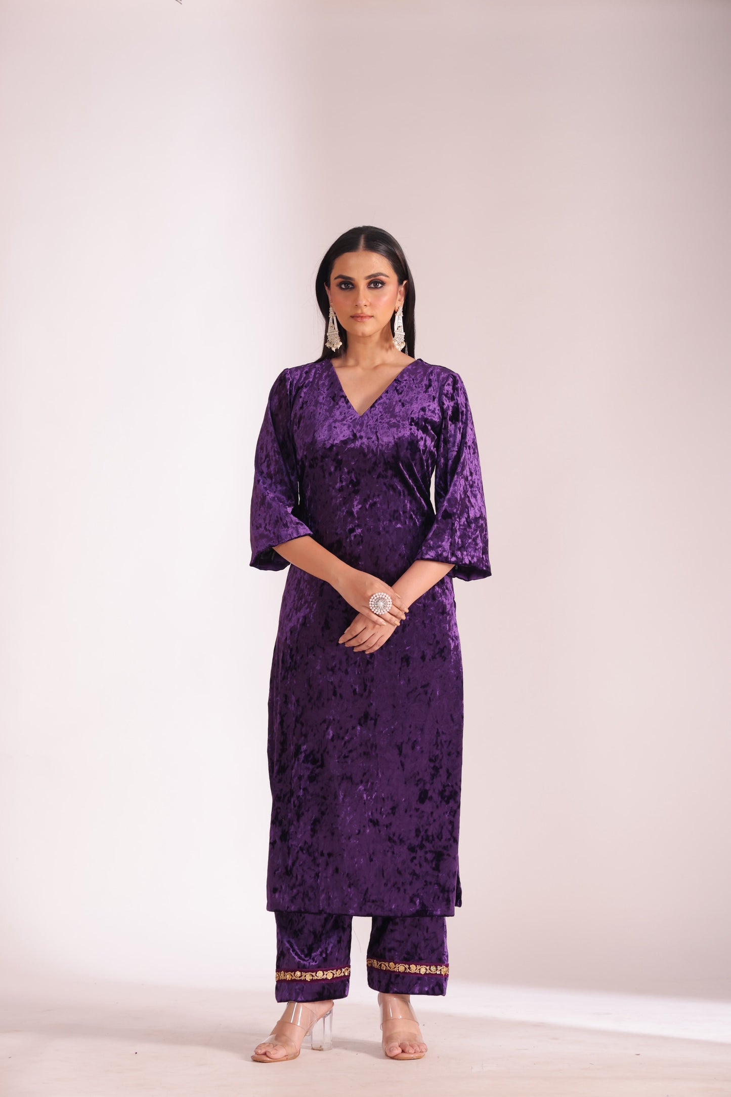 Noor-E-Zar Purple Velvet Kurta with Velvet Palazzo and Shawl - Set of 3