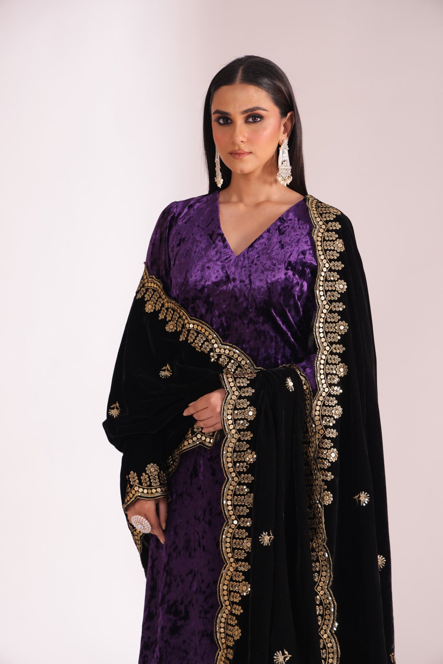 Noor-E-Zar Purple Velvet Kurta with Velvet Palazzo and Shawl - Set of 3