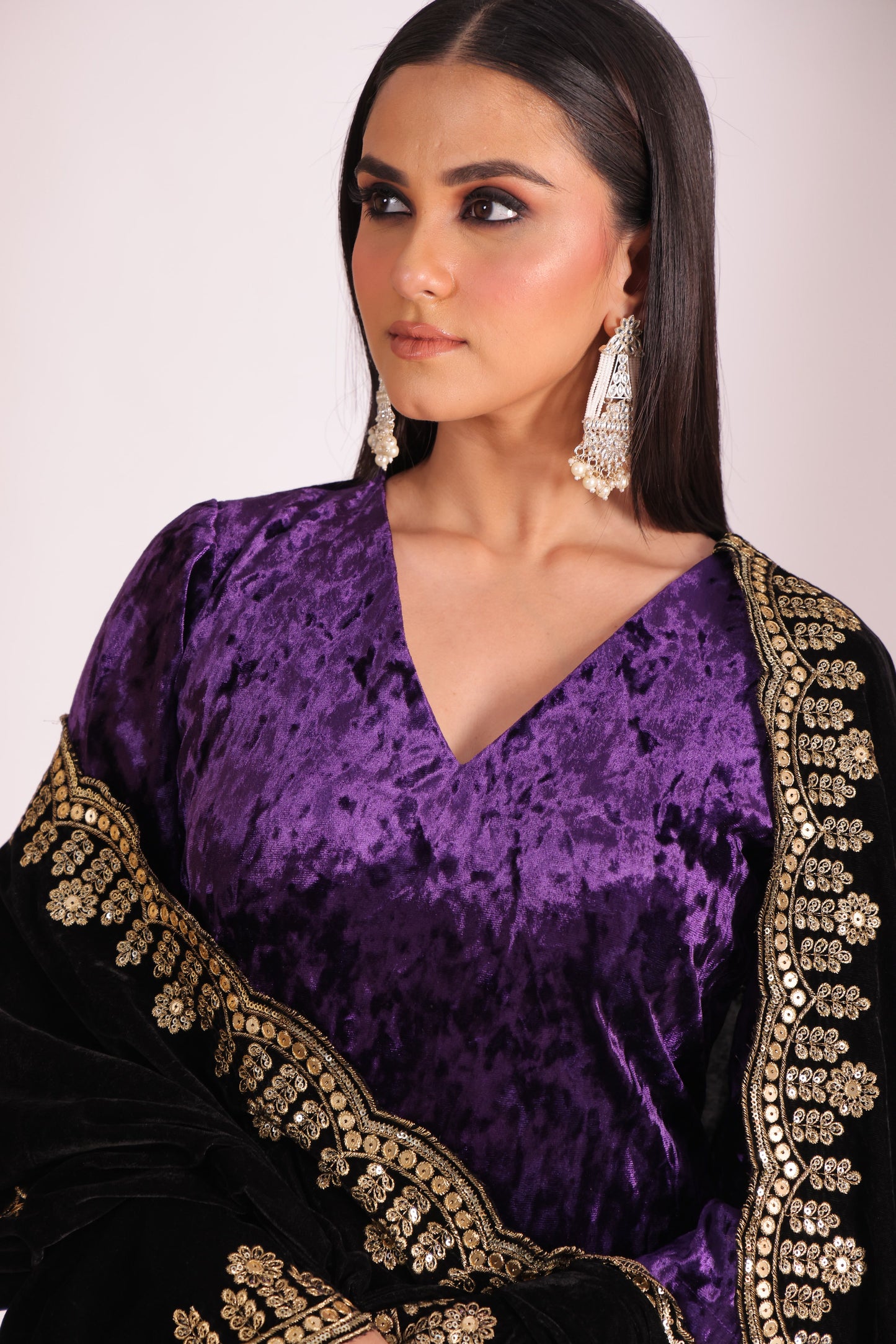 Noor-E-Zar Purple Velvet Kurta with Velvet Palazzo and Shawl - Set of 3