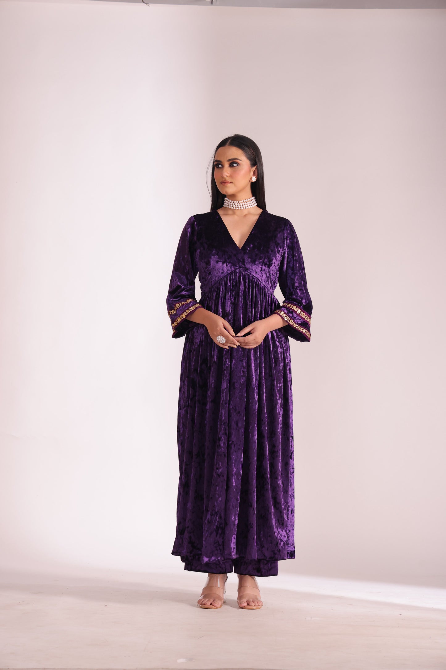 Noor-E-Zar Purple Velvet Anarkali with Velvet Palazzo and Shawl - Set of 3