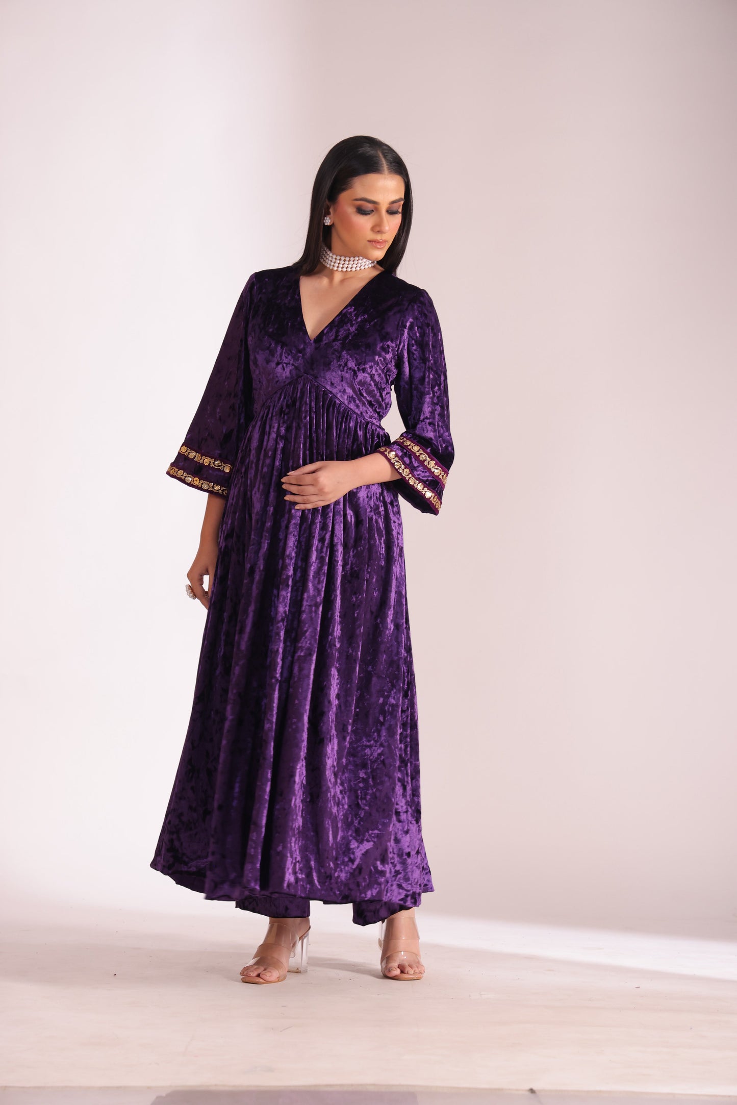 Noor-E-Zar Purple Velvet Anarkali with Velvet Palazzo and Shawl - Set of 3