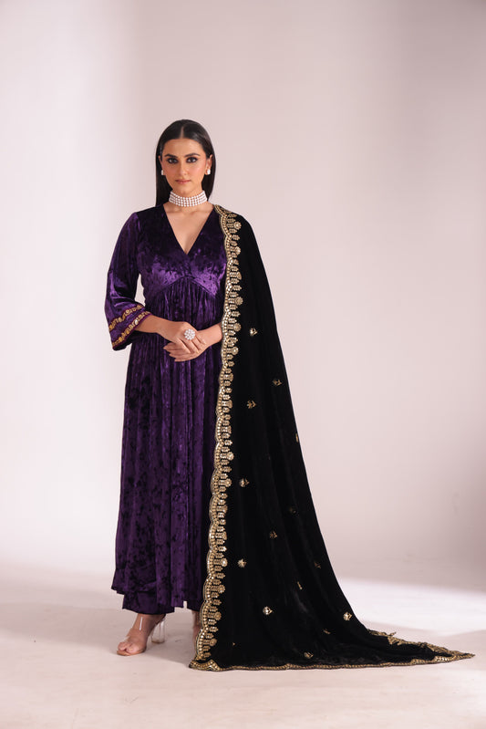 Noor-E-Zar Purple Velvet Anarkali with Velvet Palazzo and Shawl - Set of 3