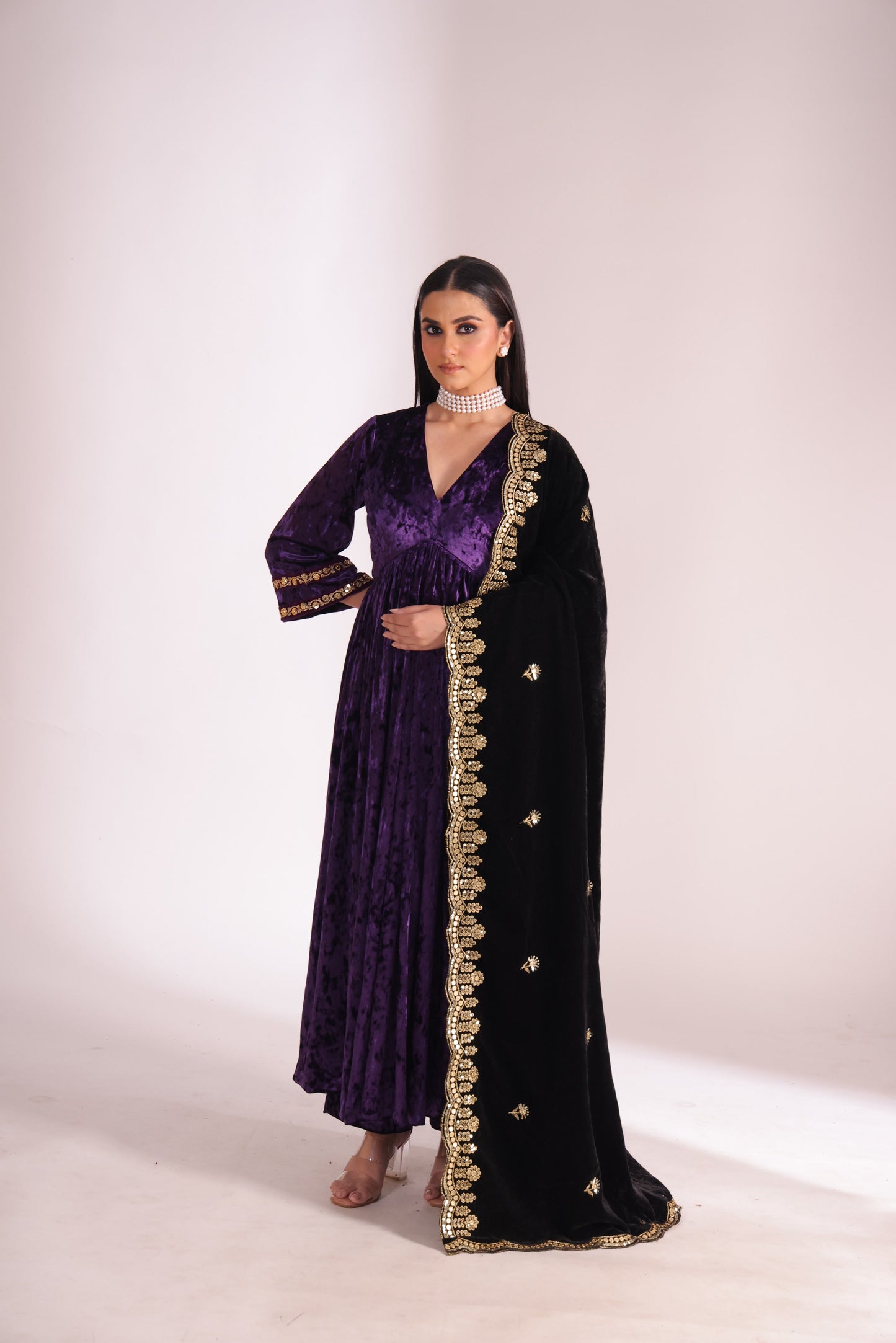 Noor-E-Zar Purple Velvet Anarkali with Velvet Palazzo and Shawl - Set of 3
