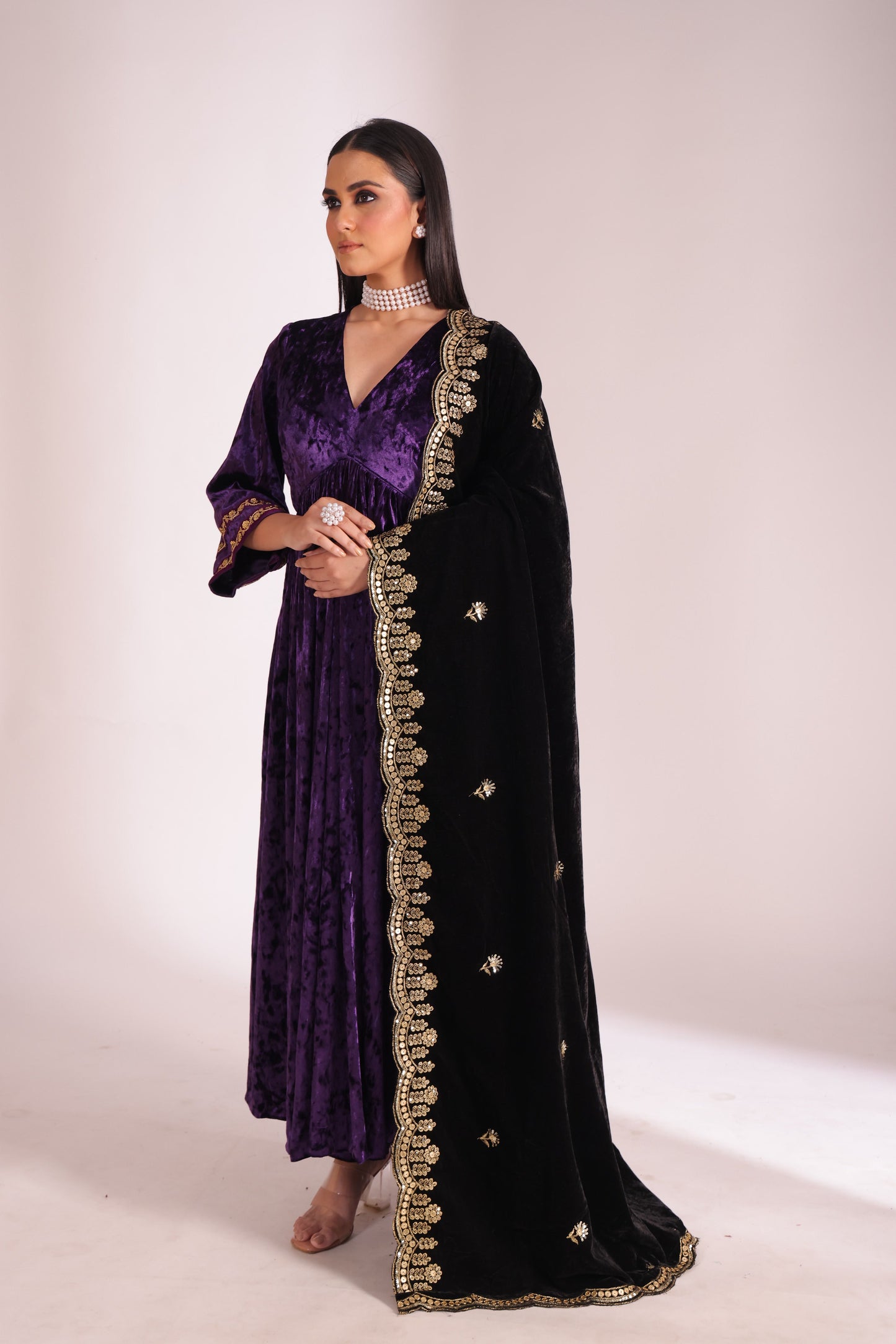 Noor-E-Zar Purple Velvet Anarkali with Velvet Palazzo and Shawl - Set of 3