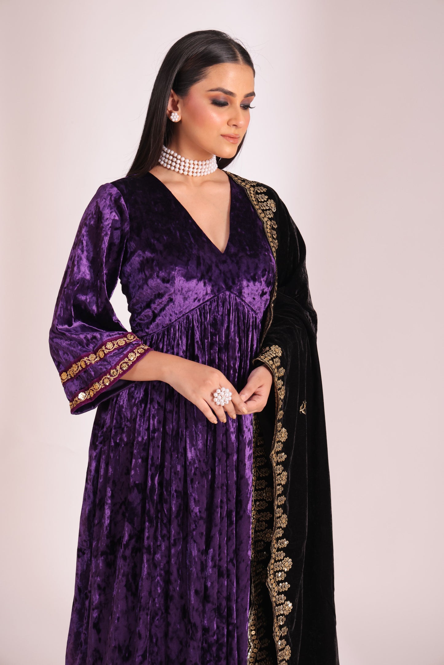 Noor-E-Zar Purple Velvet Anarkali with Velvet Palazzo and Shawl - Set of 3