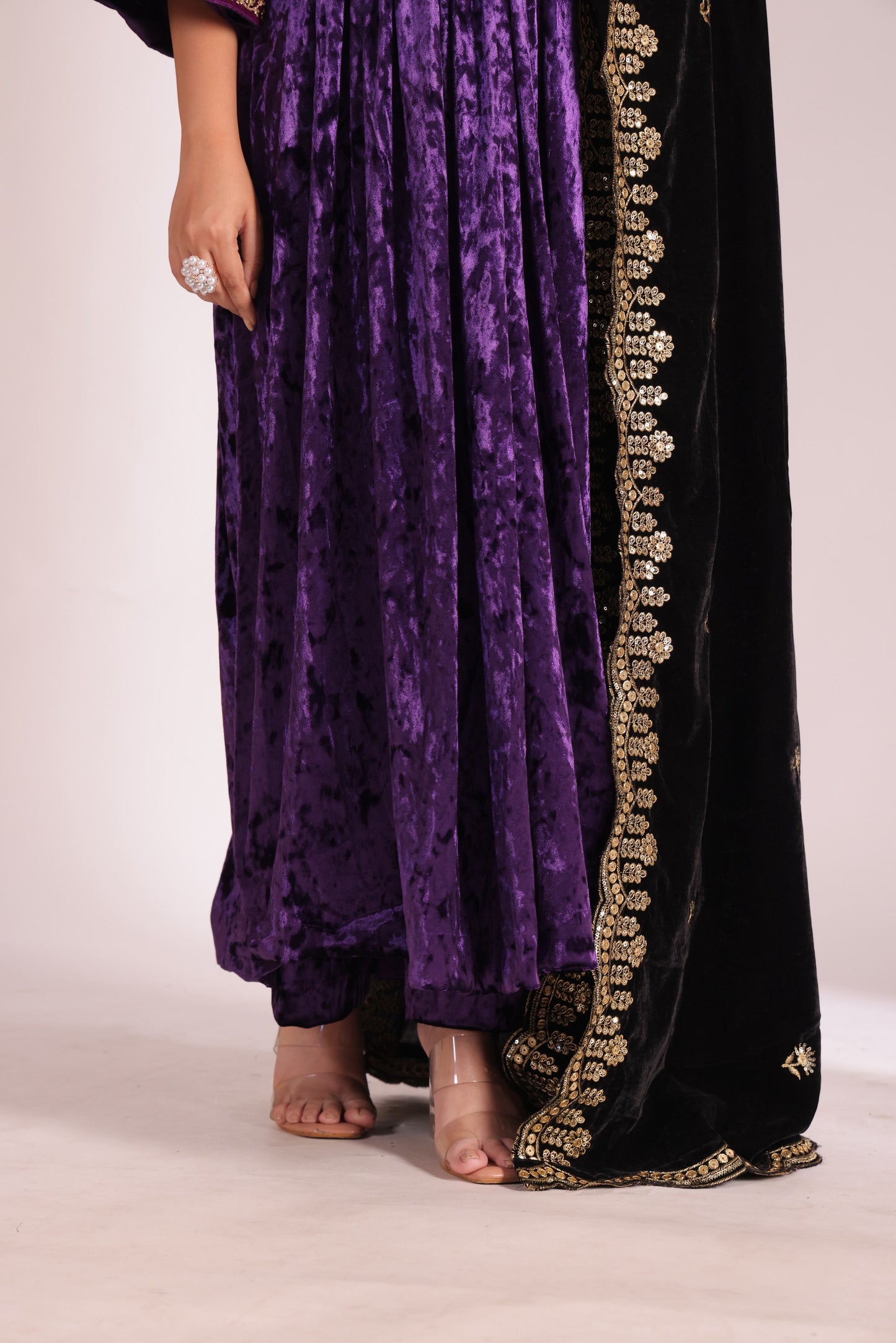 Noor-E-Zar Purple Velvet Anarkali with Velvet Palazzo and Shawl - Set of 3