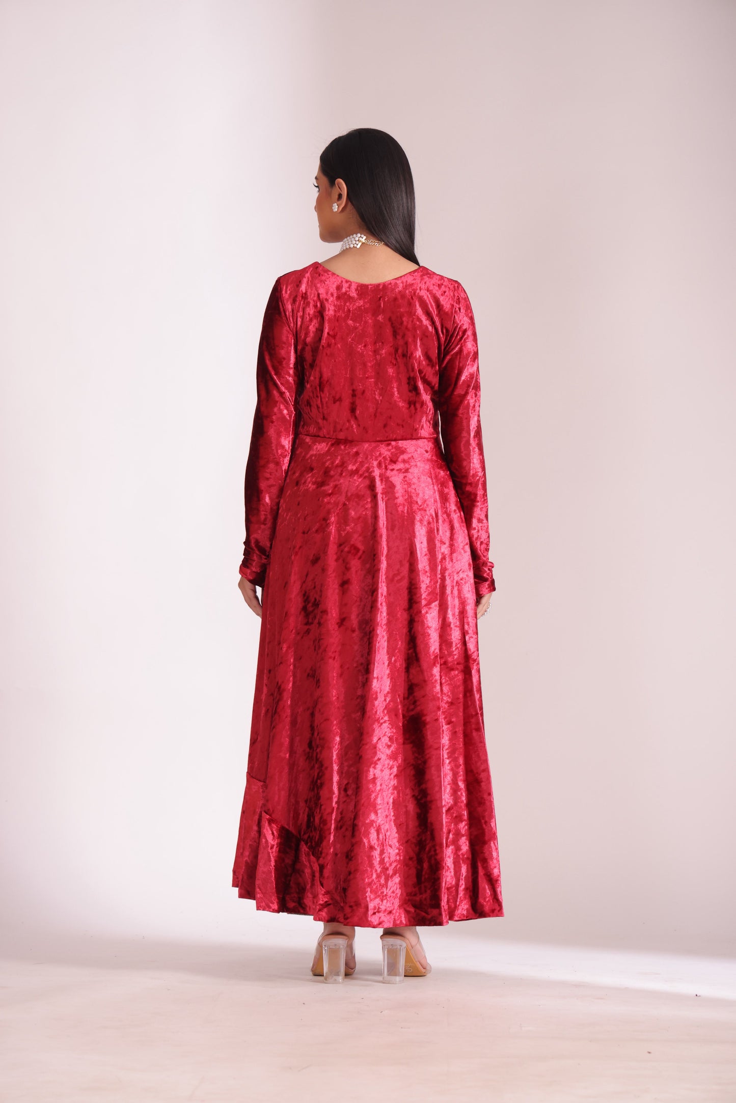 Noor-E-Zar Red Velvet Anarkali with Velvet Palazzo and Shawl - Set of 3