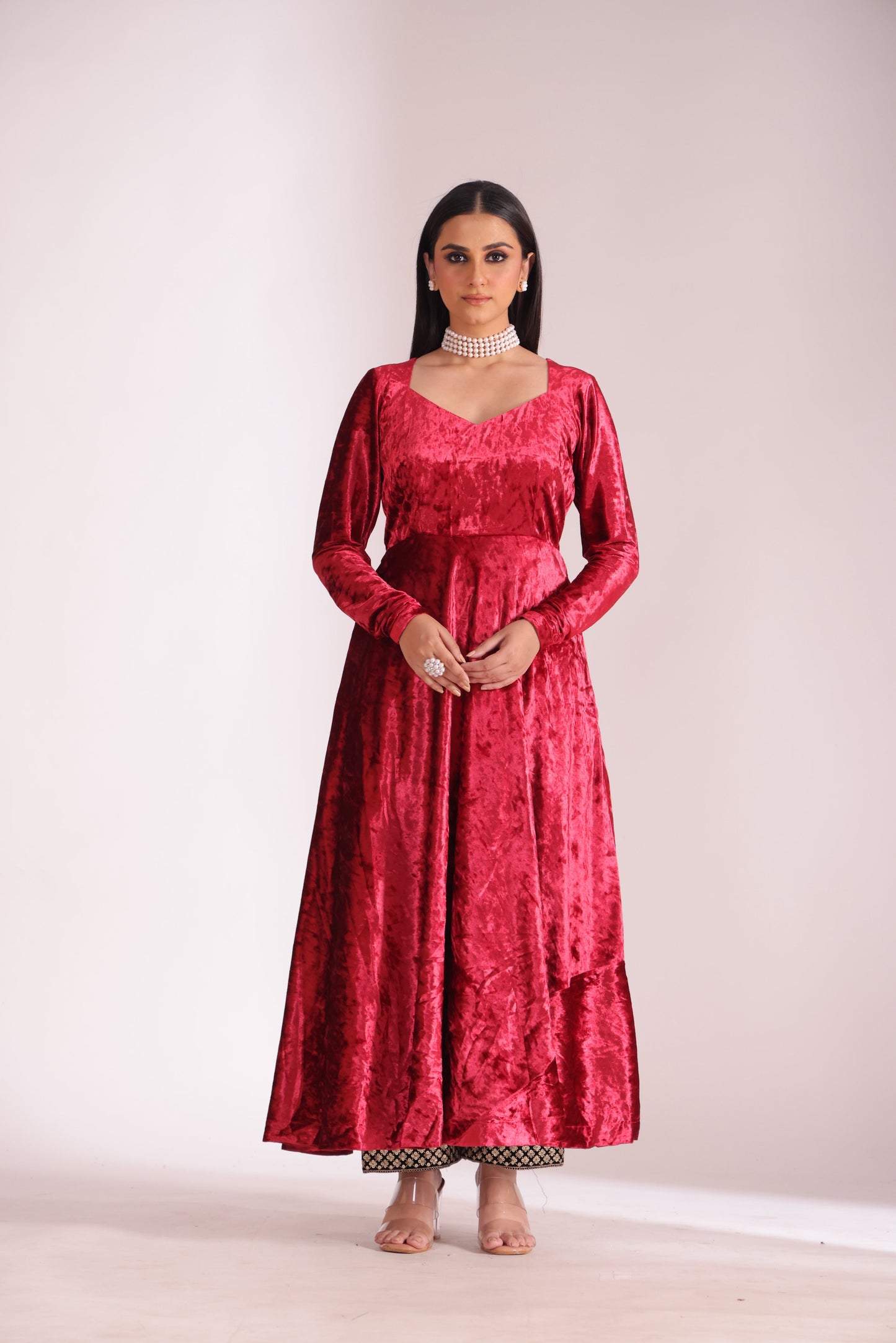 Noor-E-Zar Red Velvet Anarkali with Velvet Palazzo and Shawl - Set of 3