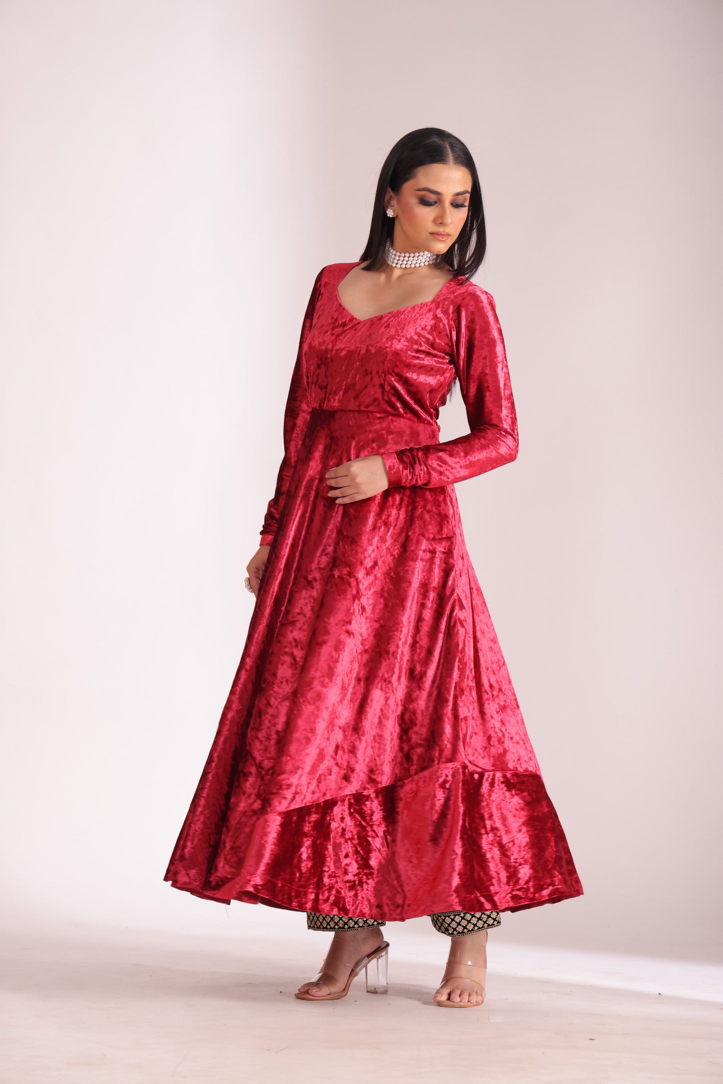 Noor-E-Zar Red Velvet Anarkali with Velvet Palazzo and Shawl - Set of 3