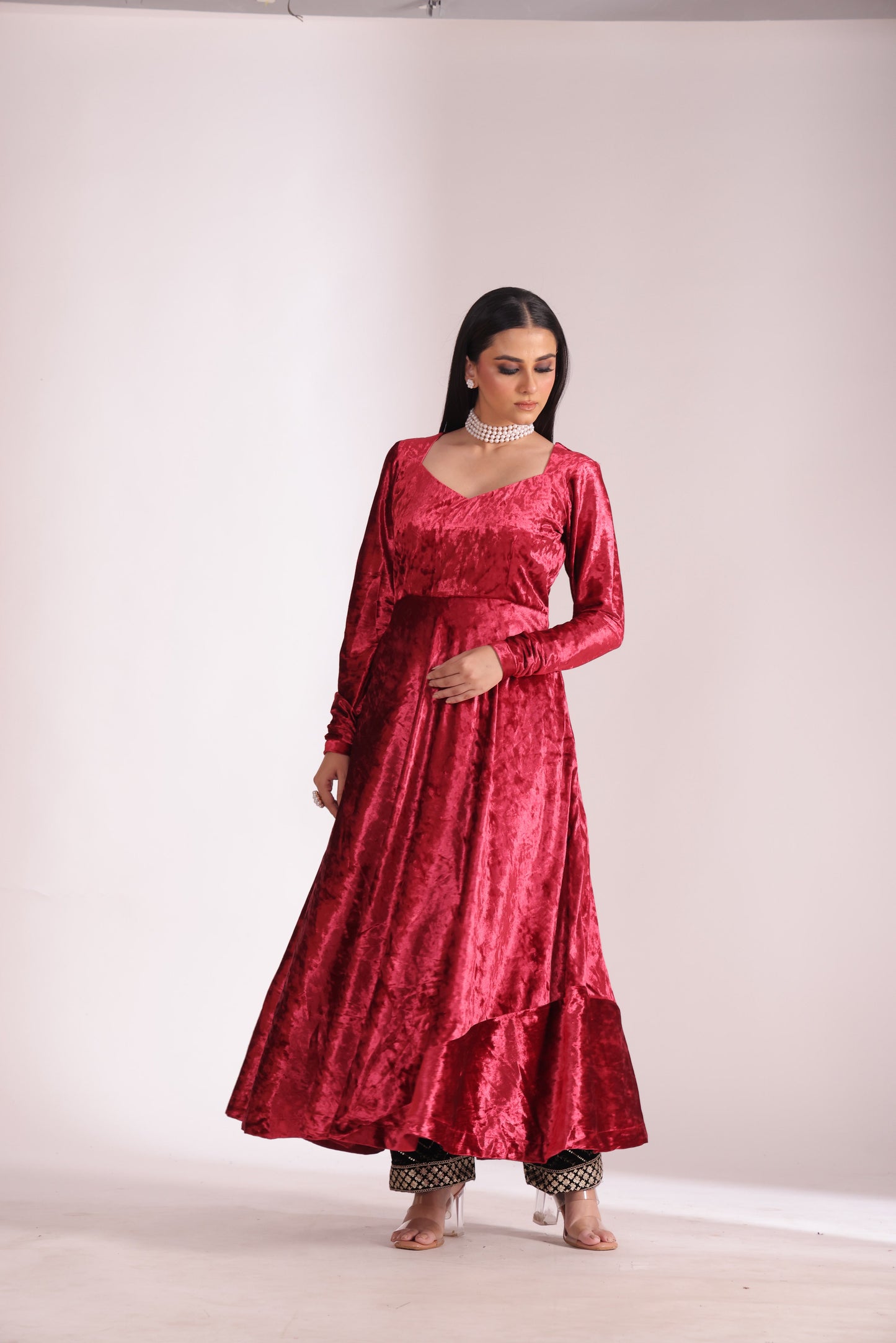 Noor-E-Zar Red Velvet Anarkali with Velvet Palazzo and Shawl - Set of 3