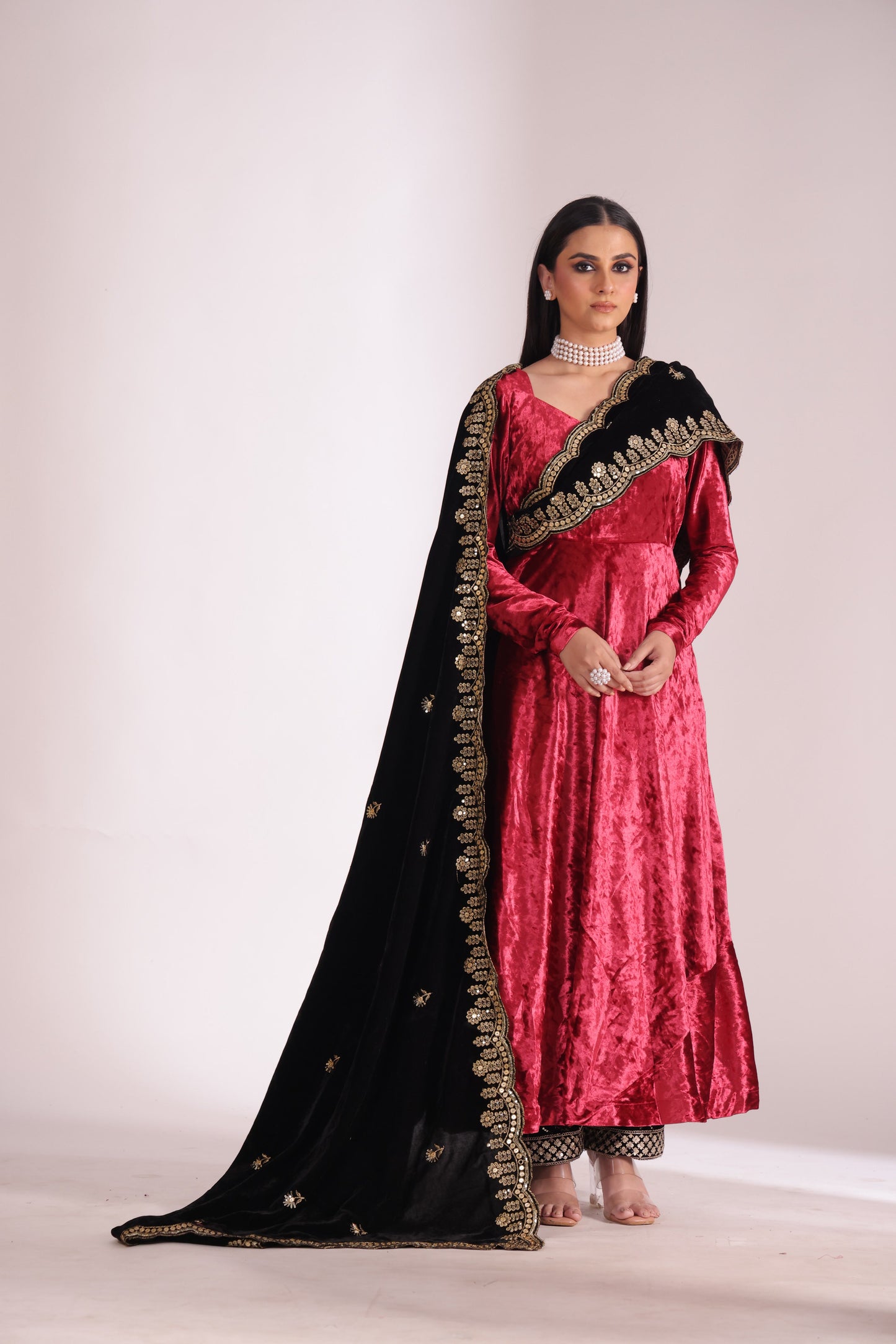 Noor-E-Zar Red Velvet Anarkali with Velvet Palazzo and Shawl - Set of 3