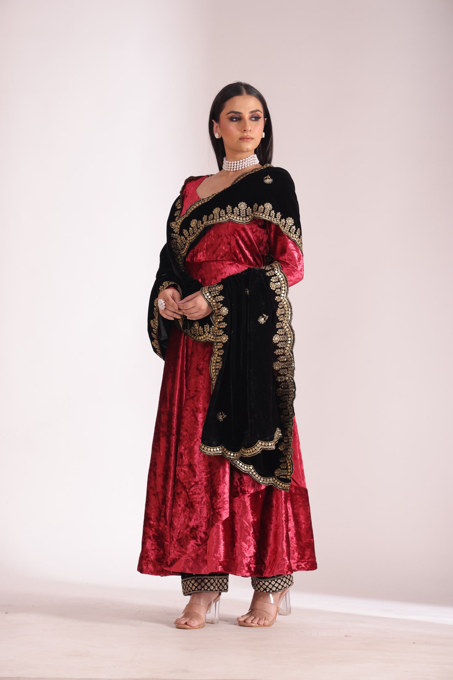 Noor-E-Zar Red Velvet Anarkali with Velvet Palazzo and Shawl - Set of 3