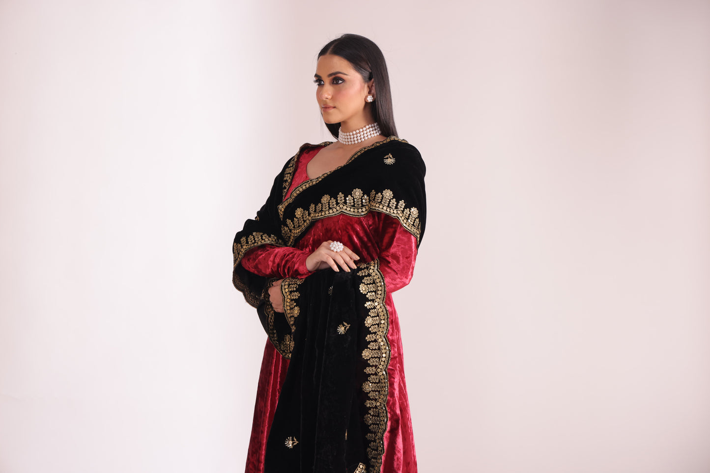Noor-E-Zar Red Velvet Anarkali with Velvet Palazzo and Shawl - Set of 3