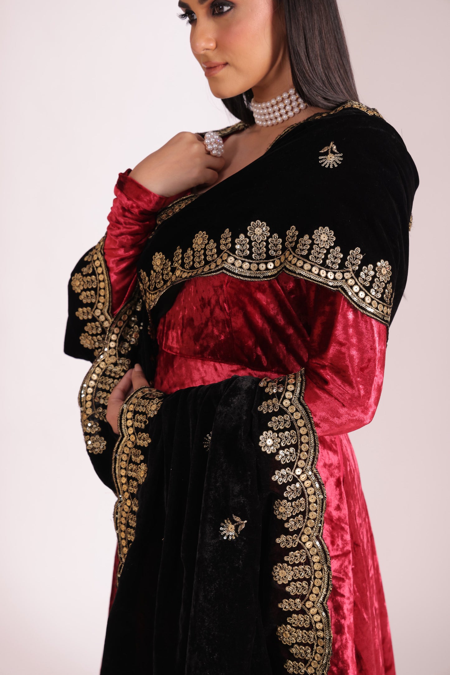 Noor-E-Zar Red Velvet Anarkali with Velvet Palazzo and Shawl - Set of 3