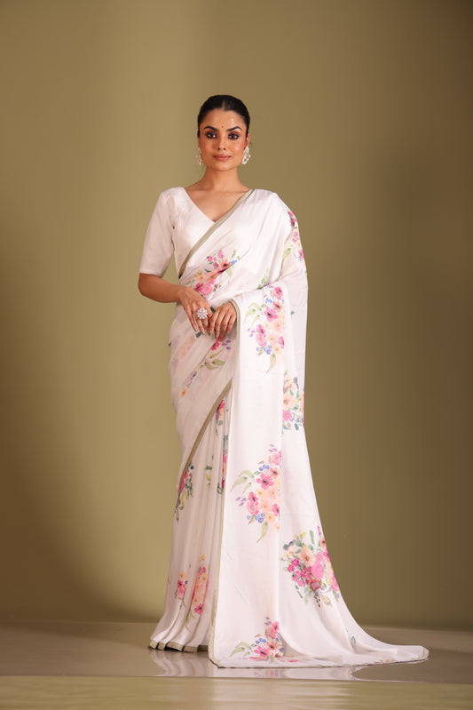 Gulzar White Floral Printed Saree and Blouse- set of 3