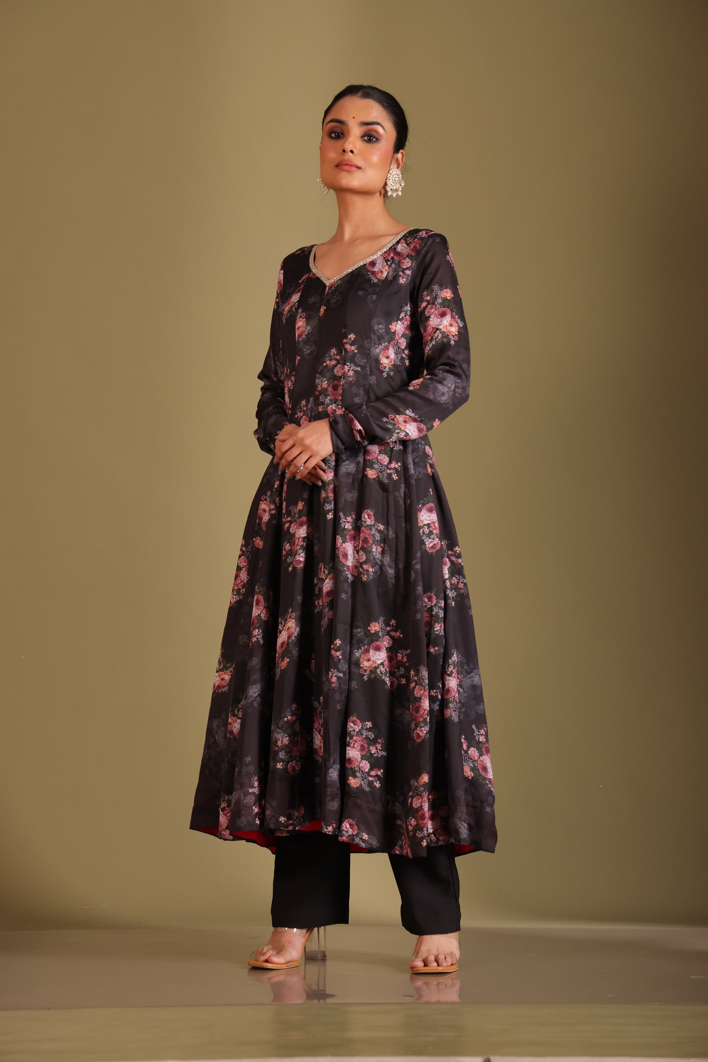 Gulzar Black Floral printed anarkali with pant and dupatta- set of 3
