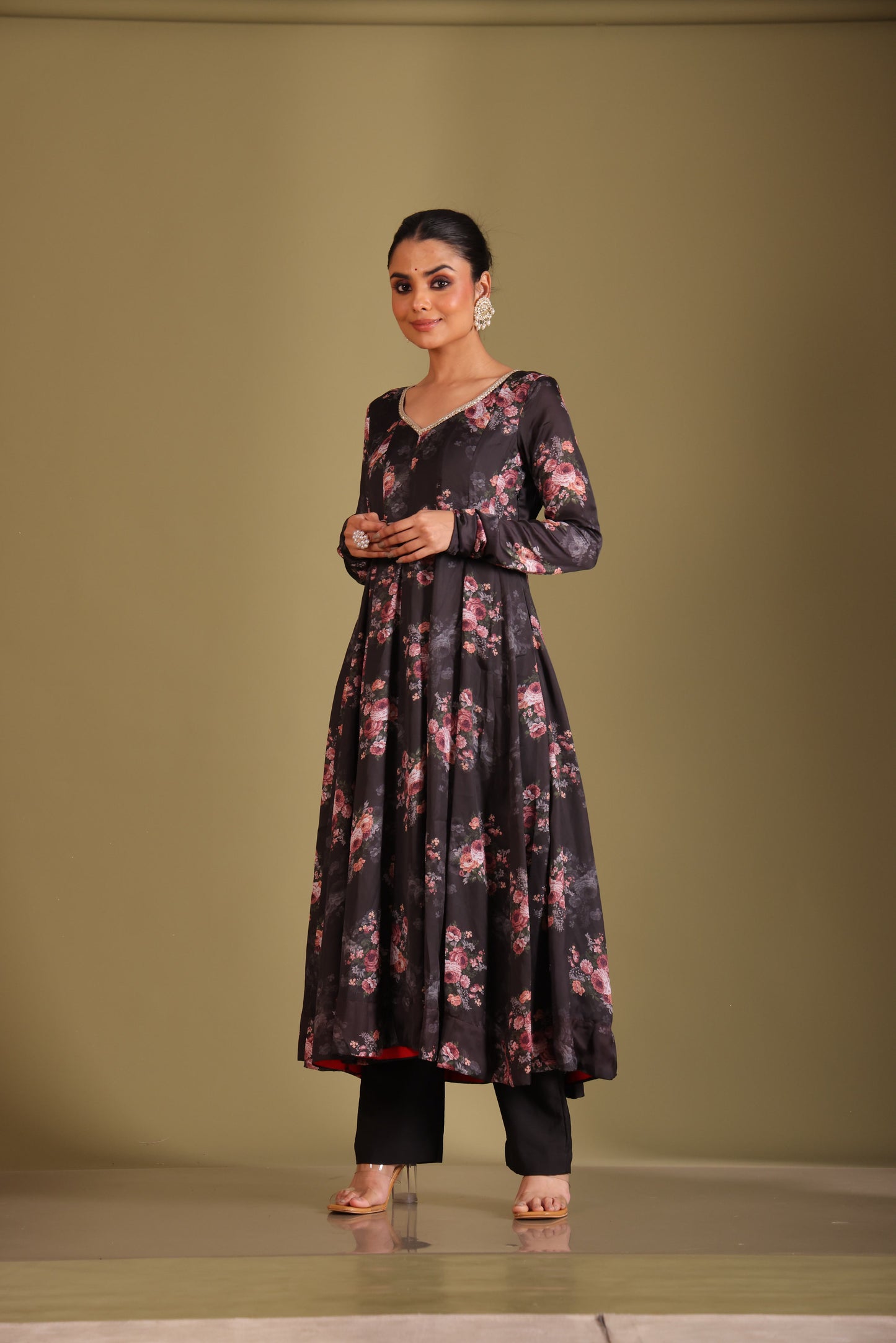Gulzar Black Floral printed anarkali with pant and dupatta- set of 3