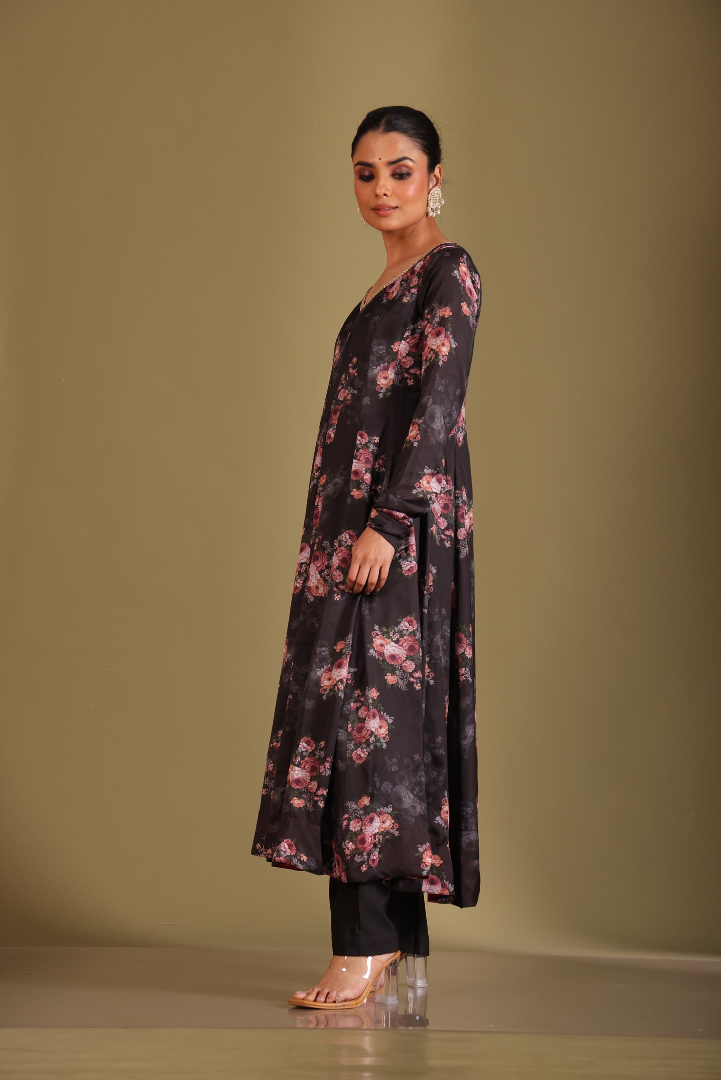 Gulzar Black Floral printed anarkali with pant and dupatta- set of 3