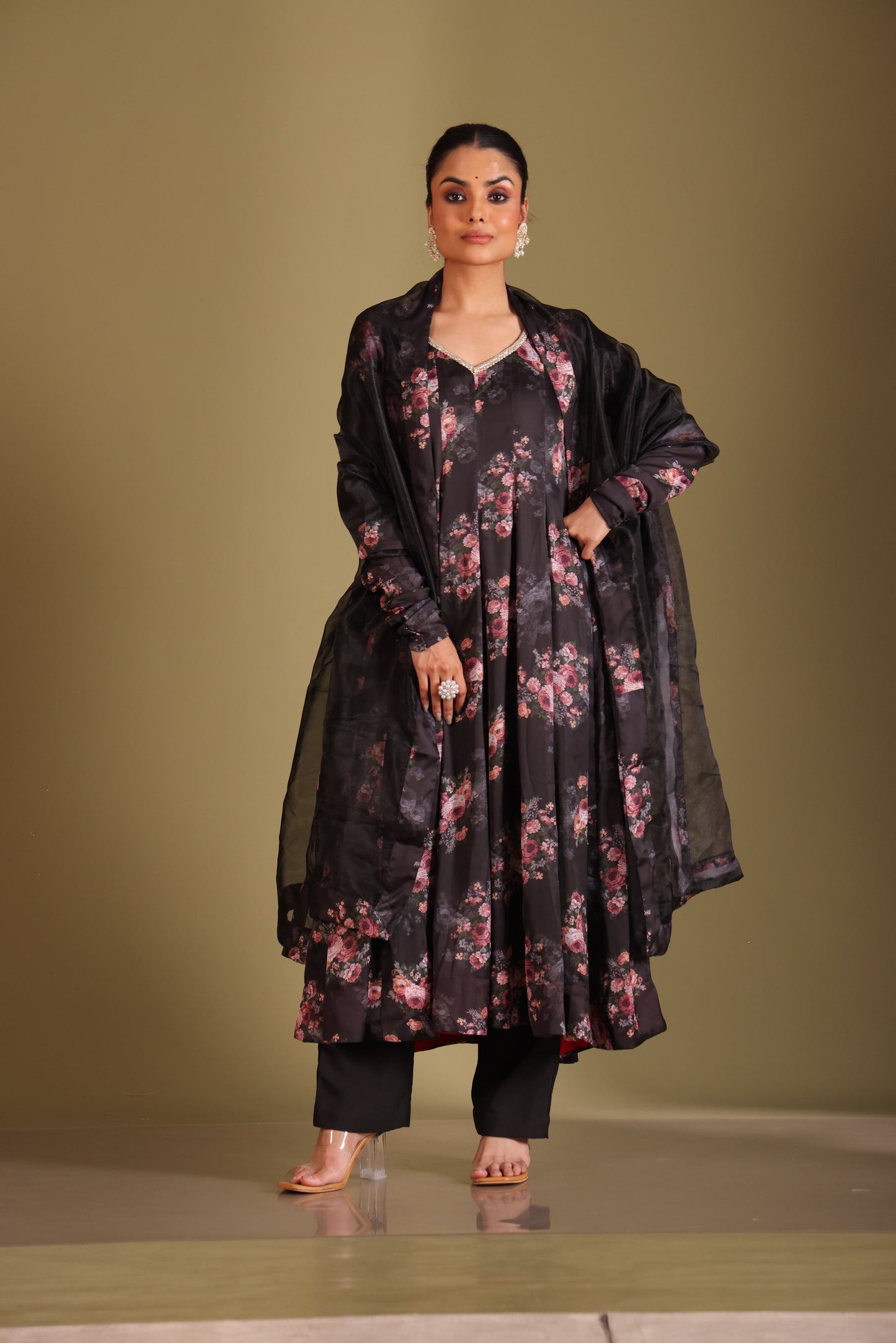Gulzar Black Floral printed anarkali with pant and dupatta- set of 3