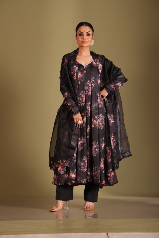 Gulzar Black Floral printed anarkali with pant and dupatta- set of 3