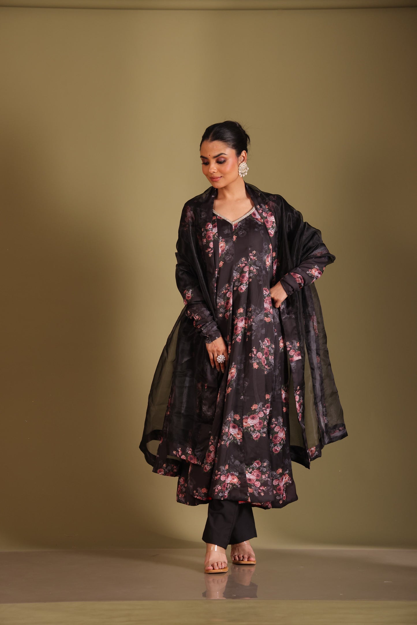Gulzar Black Floral printed anarkali with pant and dupatta- set of 3