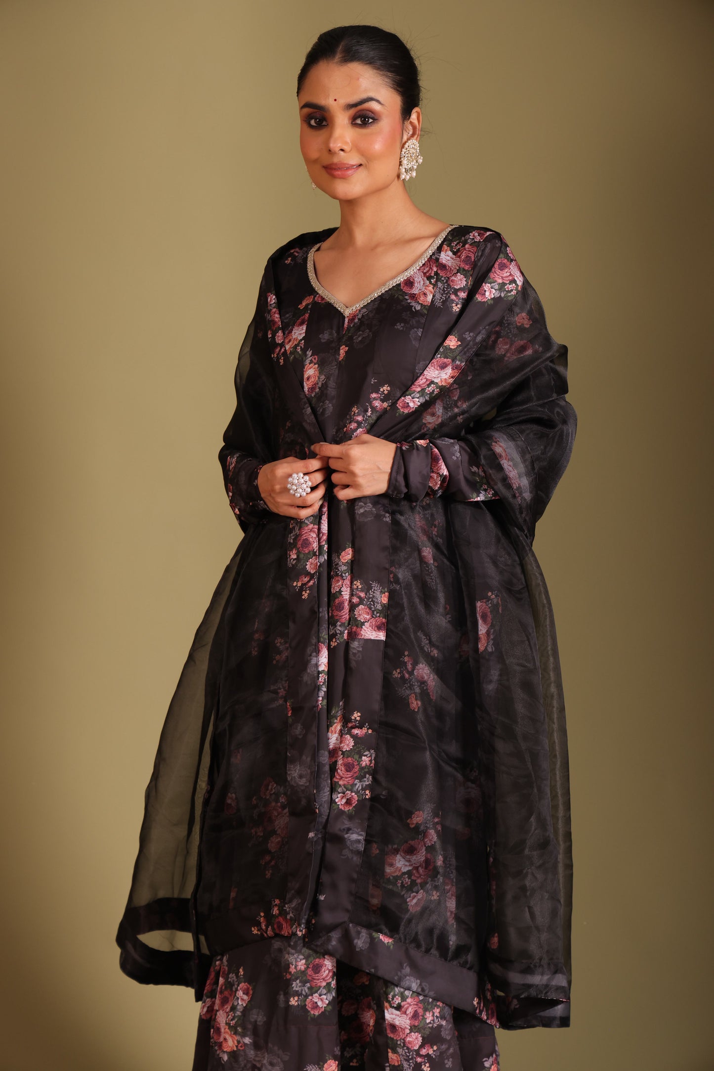Gulzar Black Floral printed anarkali with pant and dupatta- set of 3
