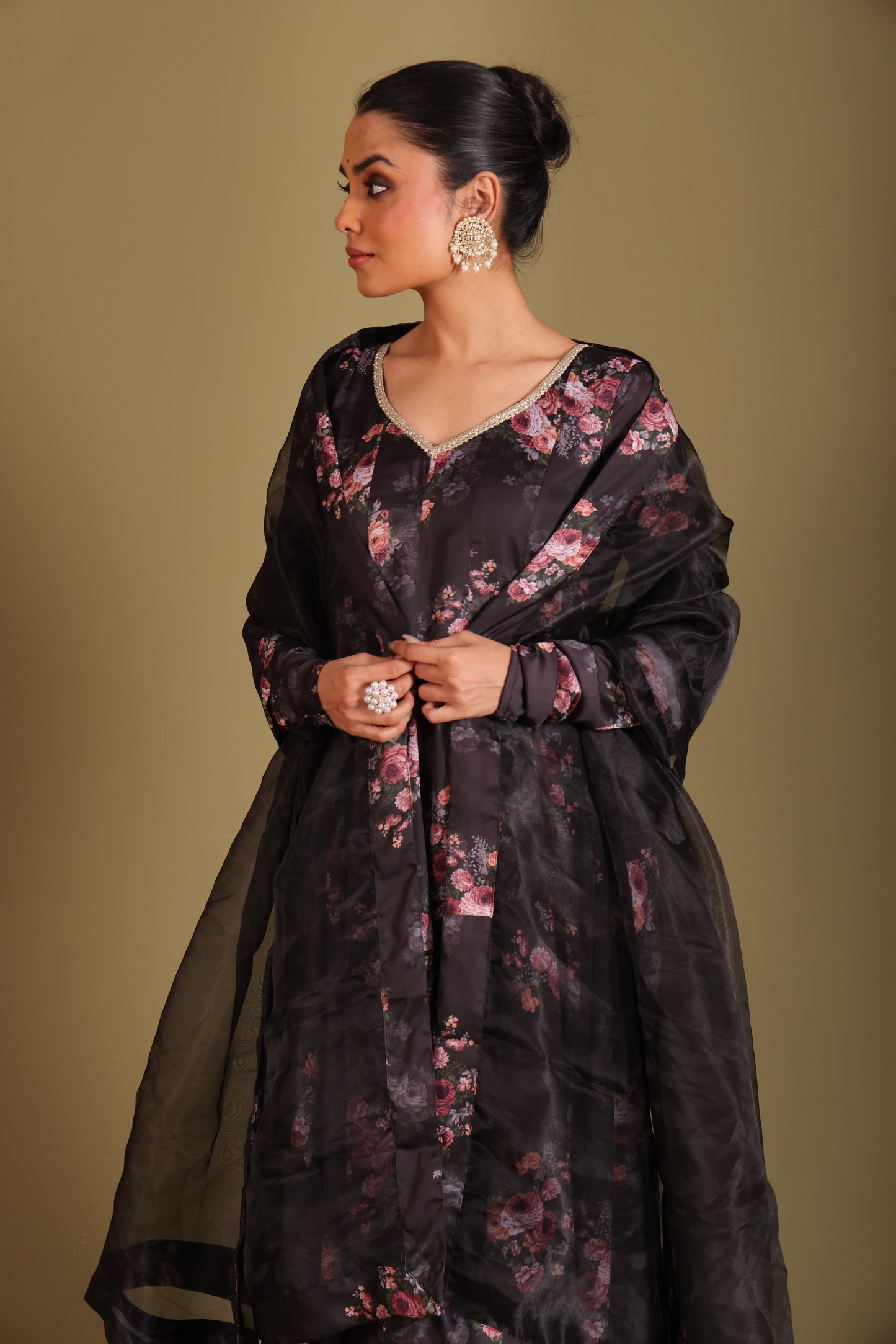 Gulzar Black Floral printed anarkali with pant and dupatta- set of 3