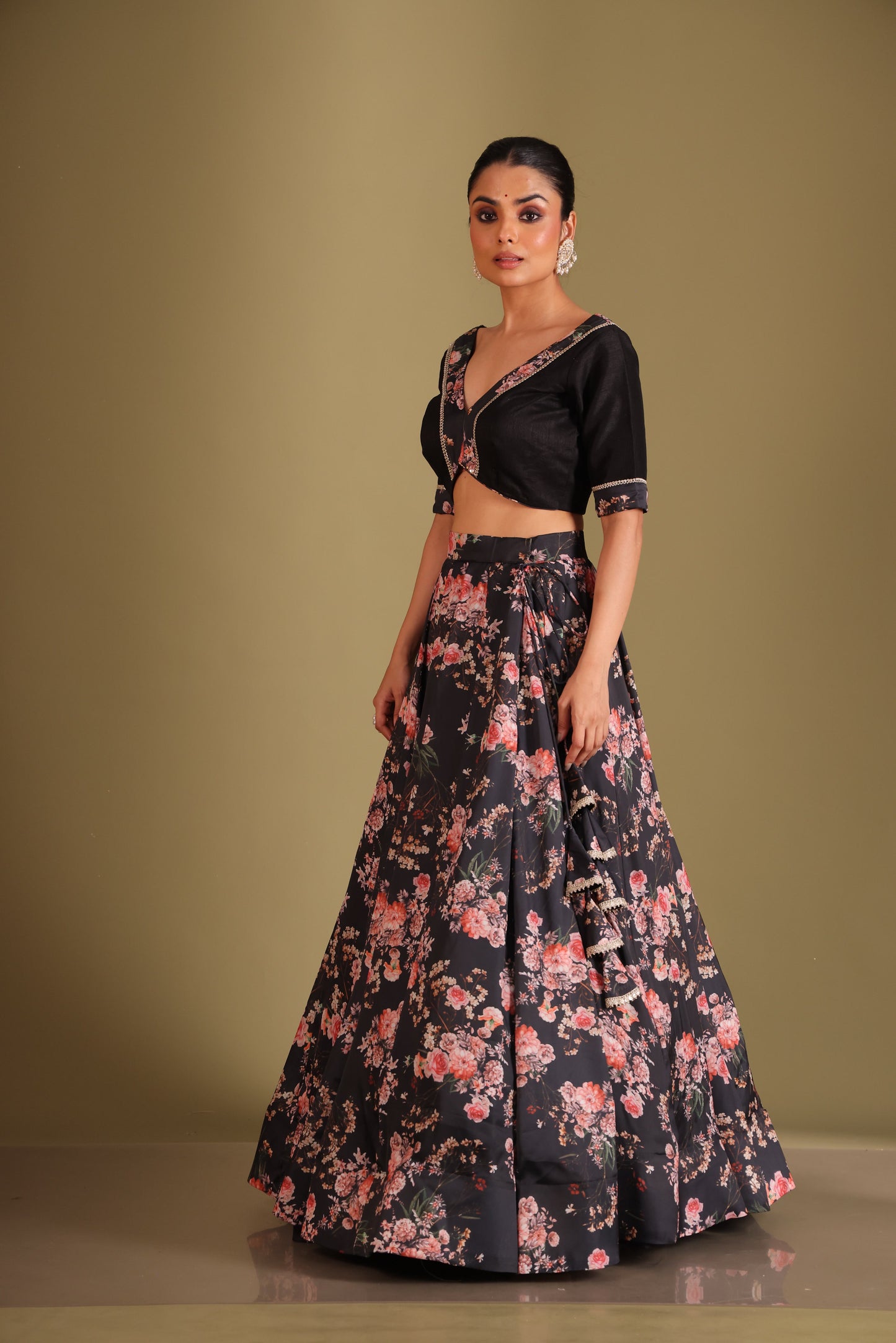 Gulzar Black Floral printed blouse with lehenga and dupatta- set of 3