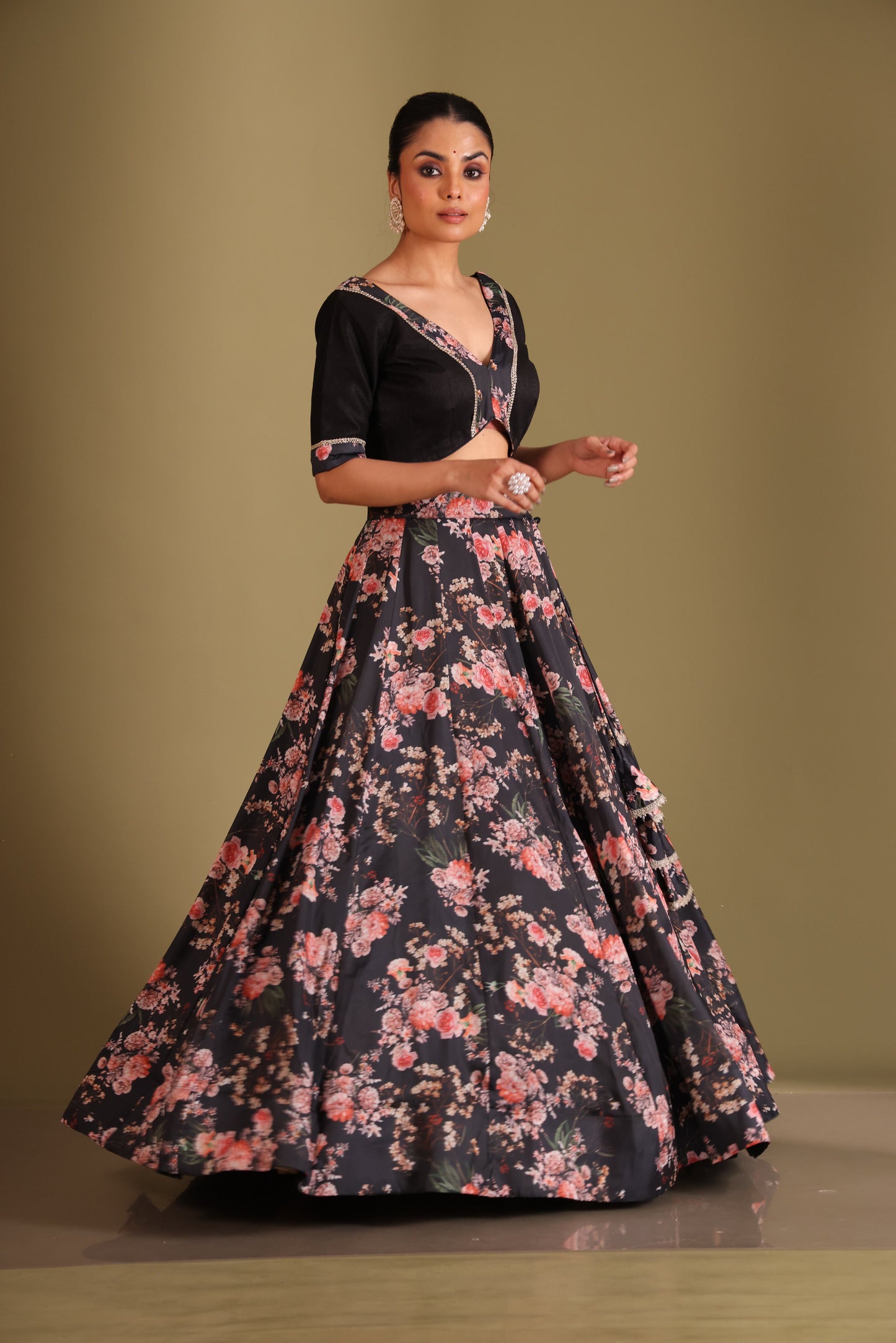 Gulzar Black Floral printed blouse with lehenga and dupatta- set of 3