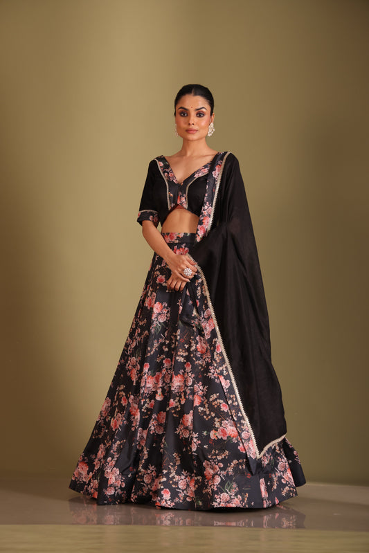 Gulzar Black Floral printed blouse with lehenga and dupatta- set of 3
