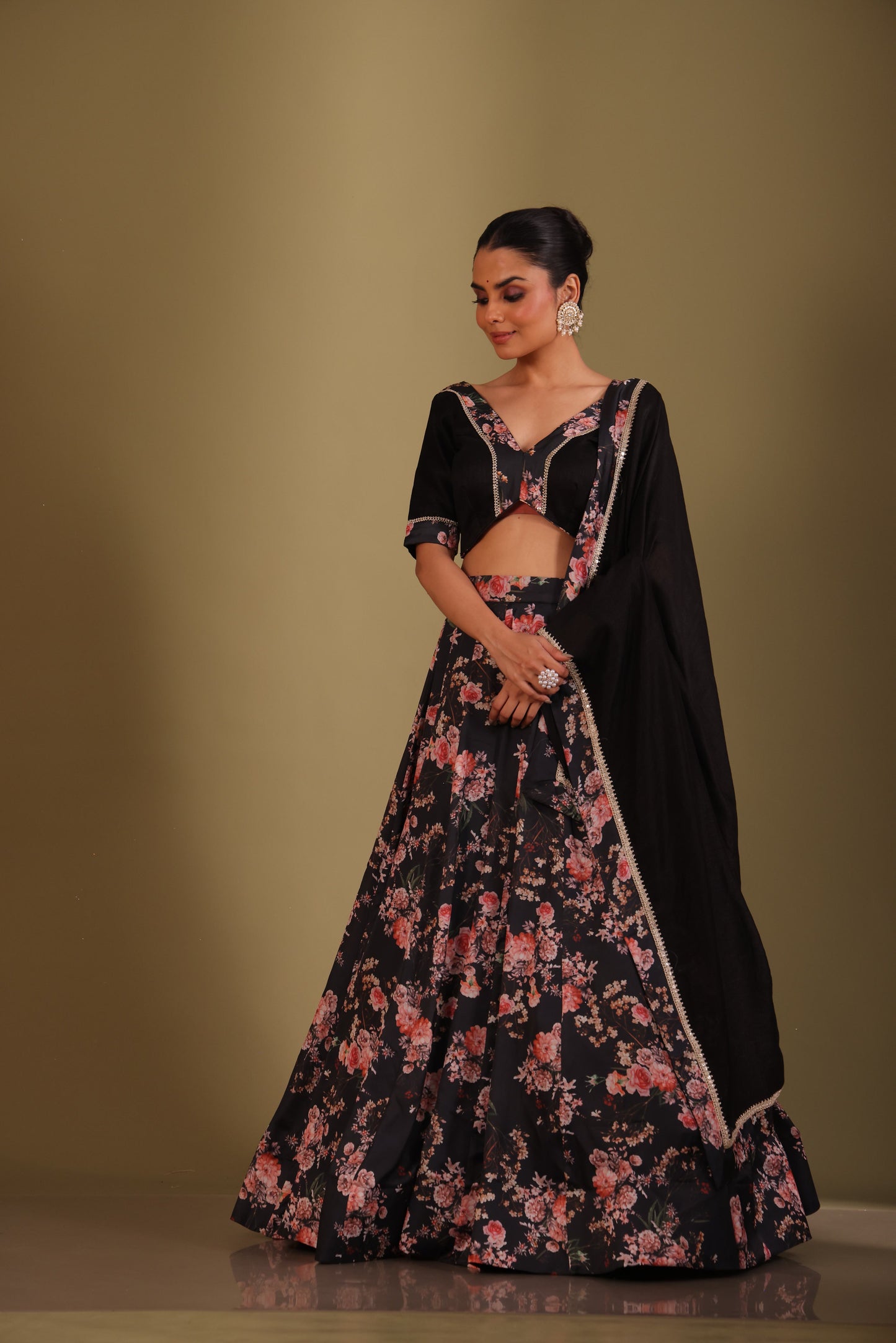 Gulzar Black Floral printed blouse with lehenga and dupatta- set of 3