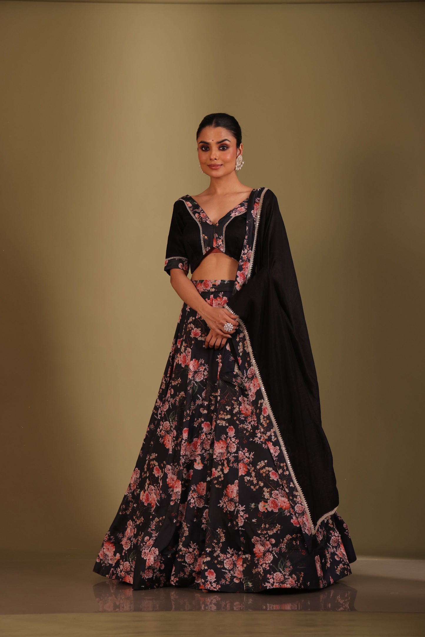 Gulzar Black Floral printed blouse with lehenga and dupatta- set of 3