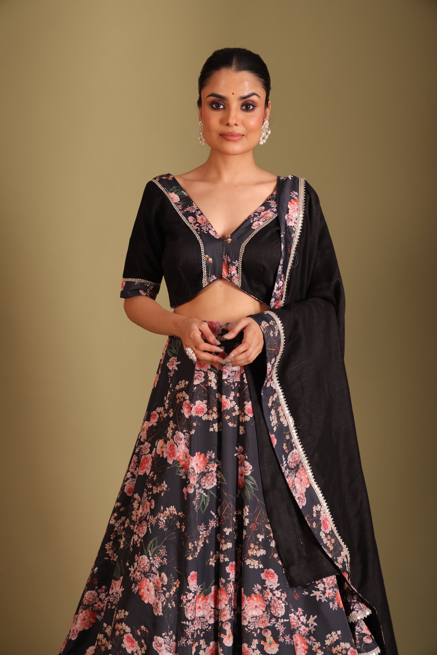 Gulzar Black Floral printed blouse with lehenga and dupatta- set of 3