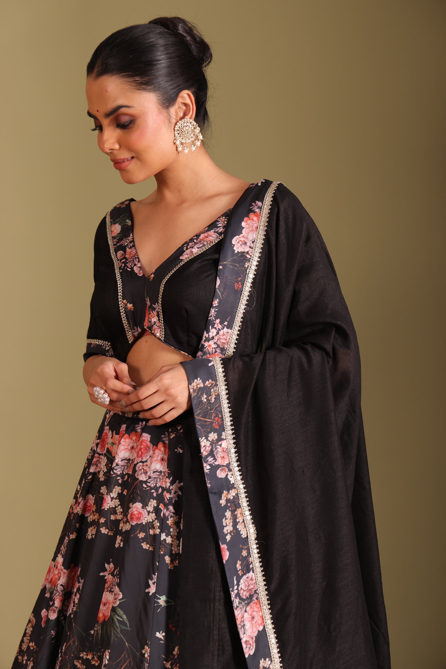 Gulzar Black Floral printed blouse with lehenga and dupatta- set of 3