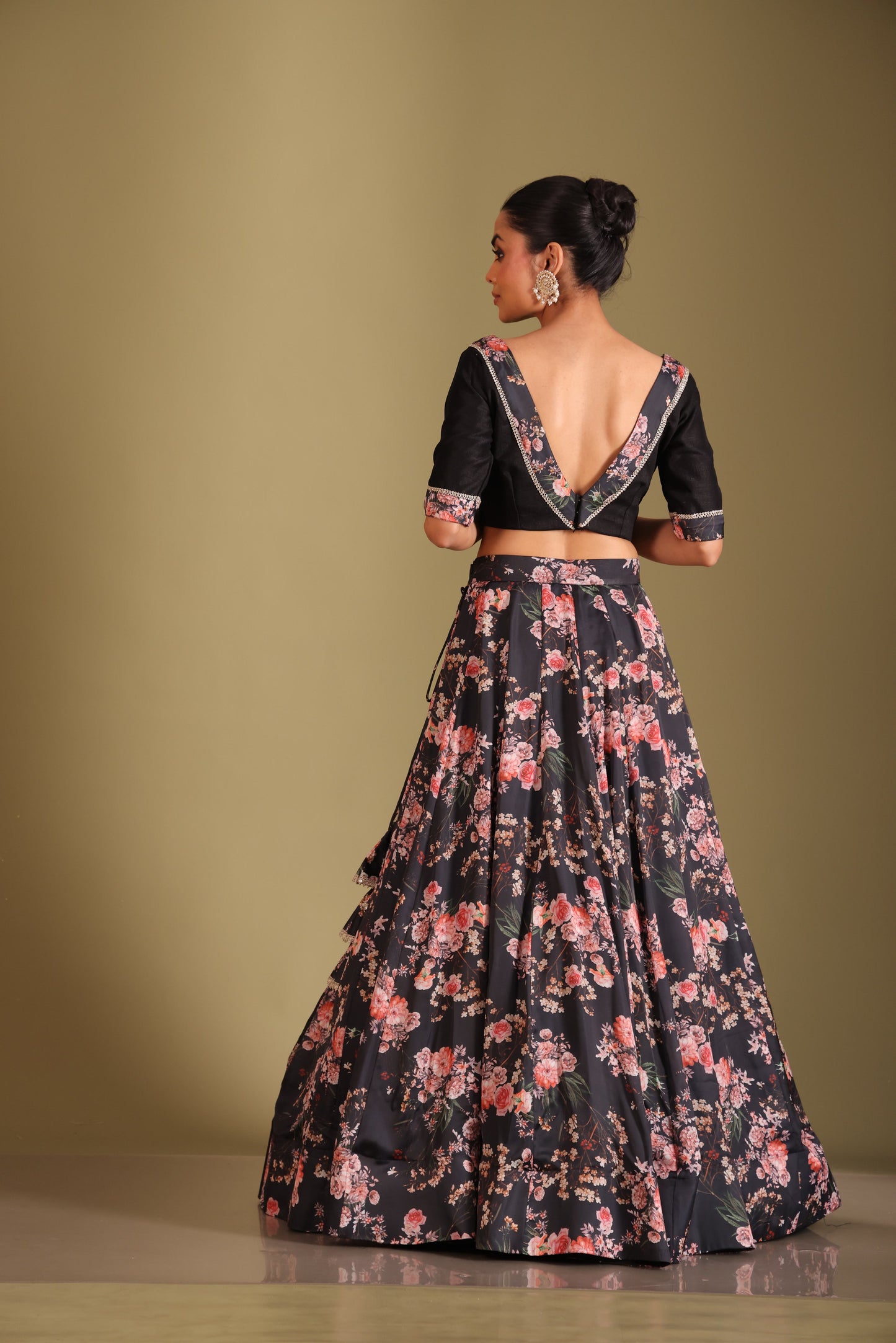 Gulzar Black Floral printed blouse with lehenga and dupatta- set of 3