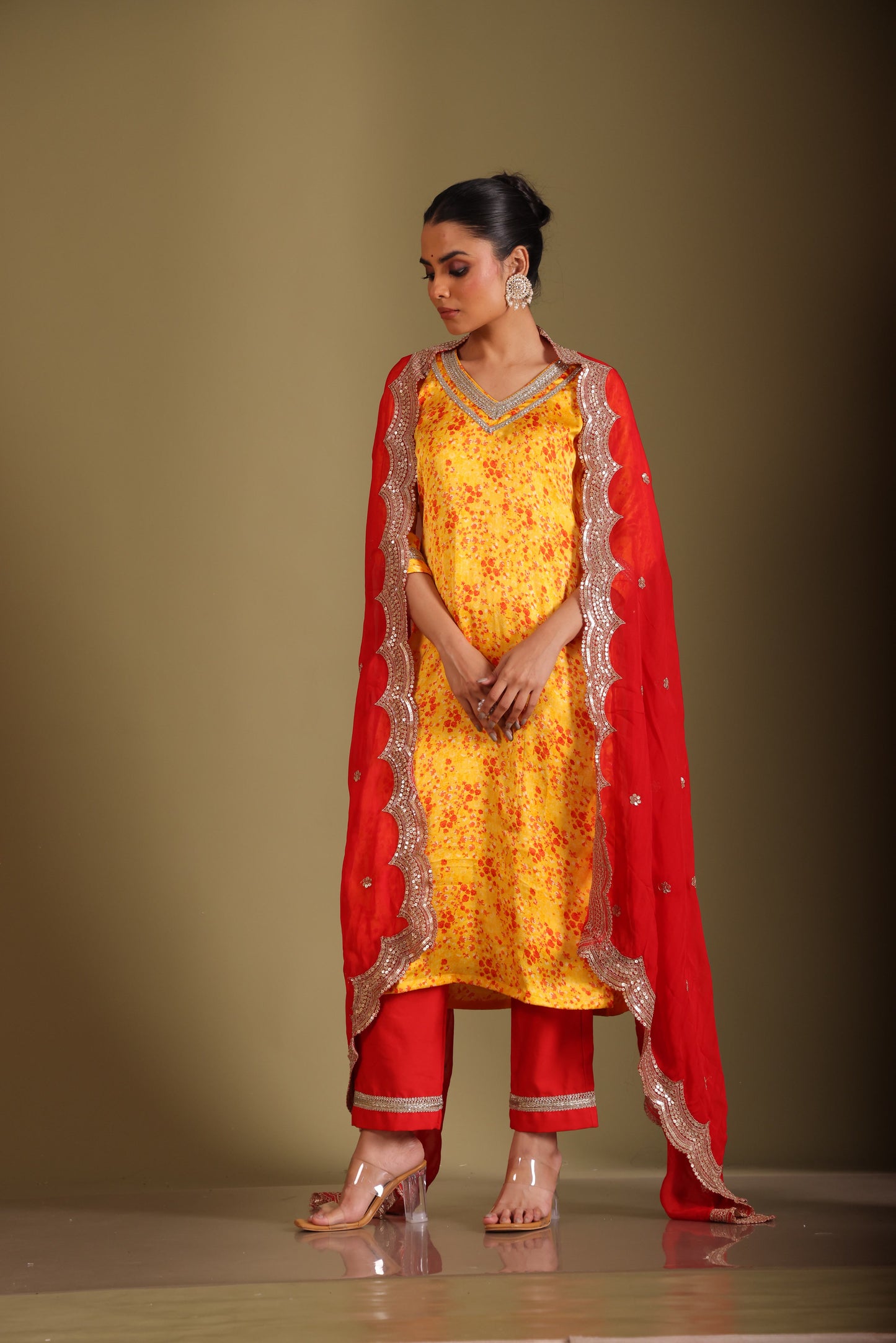 Gulzar Yellow printed Kurta with Pant and dupatta- set of 3