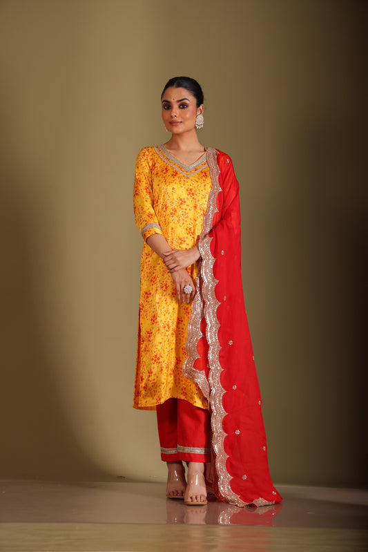 Gulzar Yellow printed Kurta with Pant and dupatta- set of 3