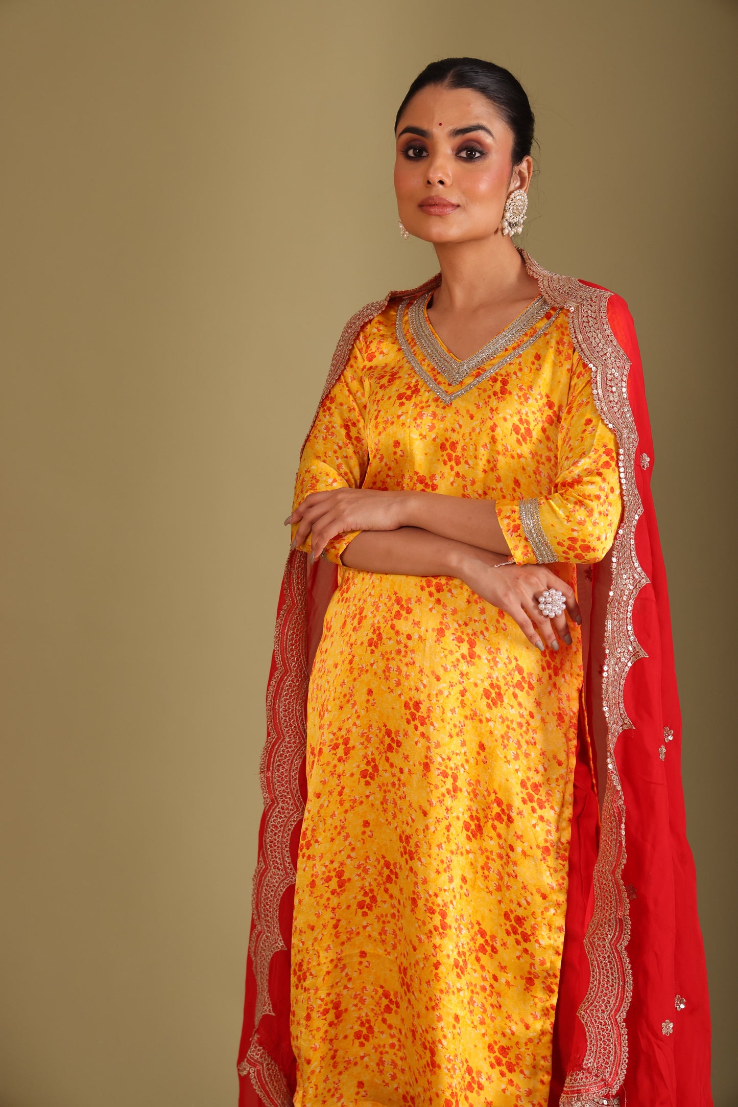 Gulzar Yellow printed Kurta with Pant and dupatta- set of 3