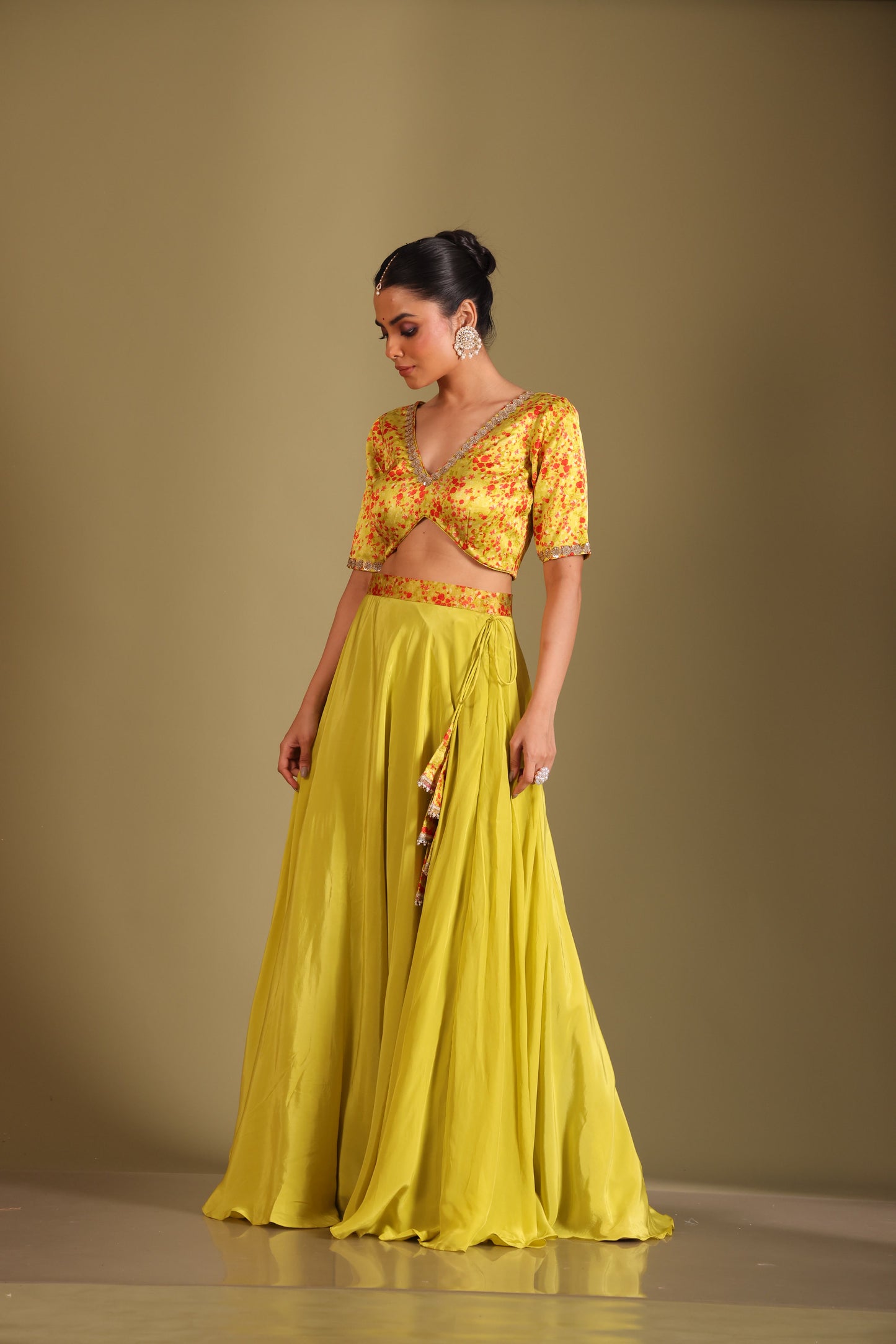 Gulzar Lime printed Blouse with Lehenga and dupatta- set of 3