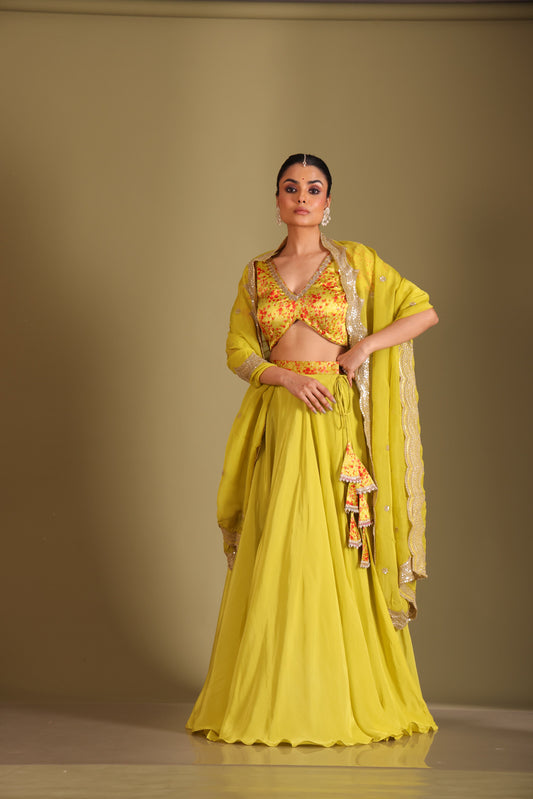 Gulzar Lime printed Blouse with Lehenga and dupatta- set of 3