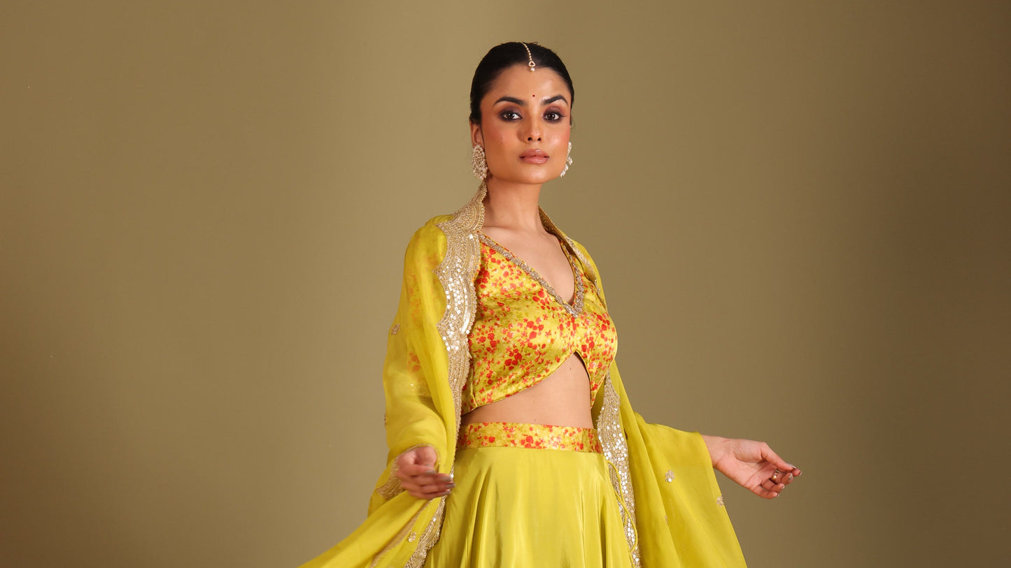 Gulzar Lime printed Blouse with Lehenga and dupatta- set of 3