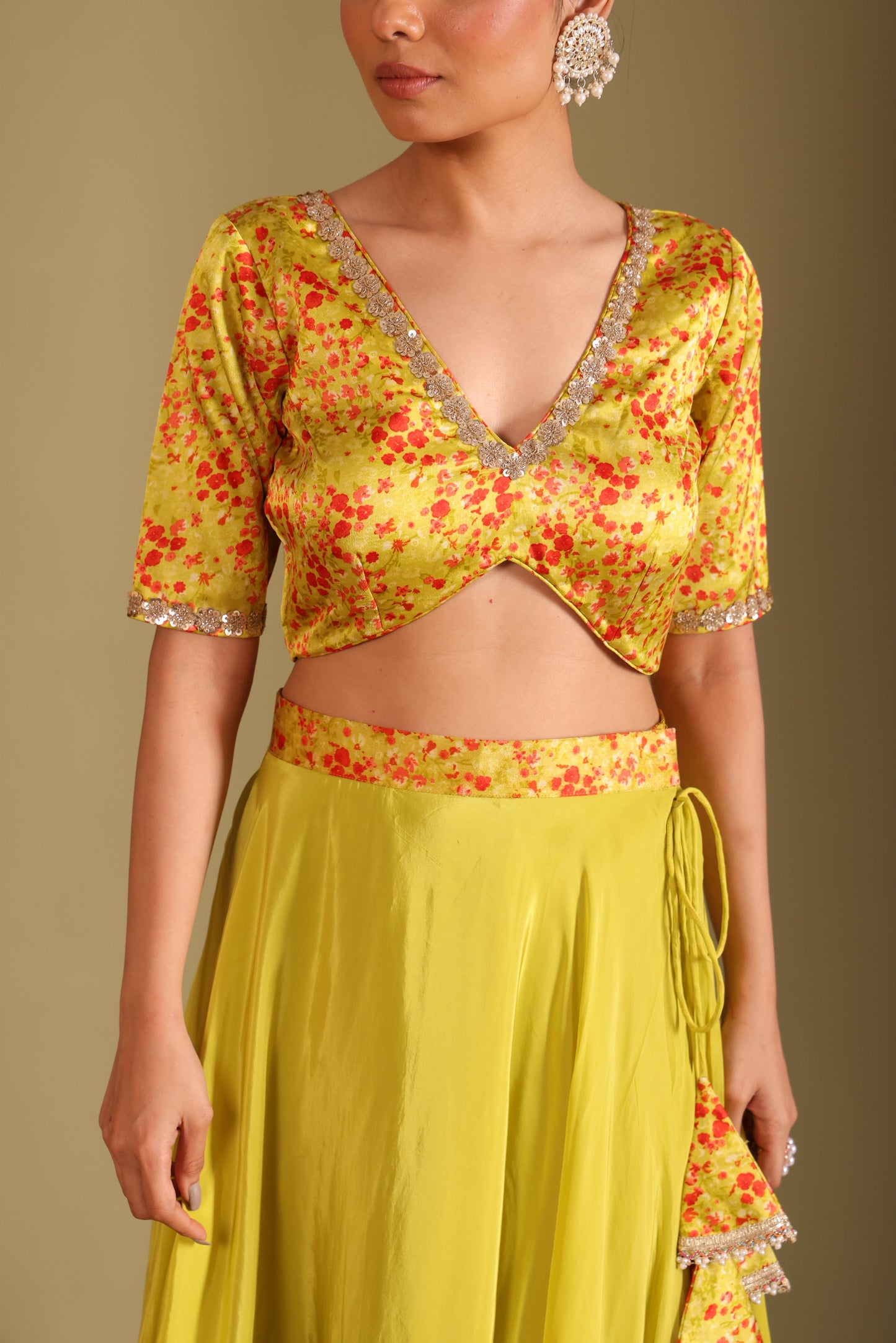 Gulzar Lime printed Blouse with Lehenga and dupatta- set of 3