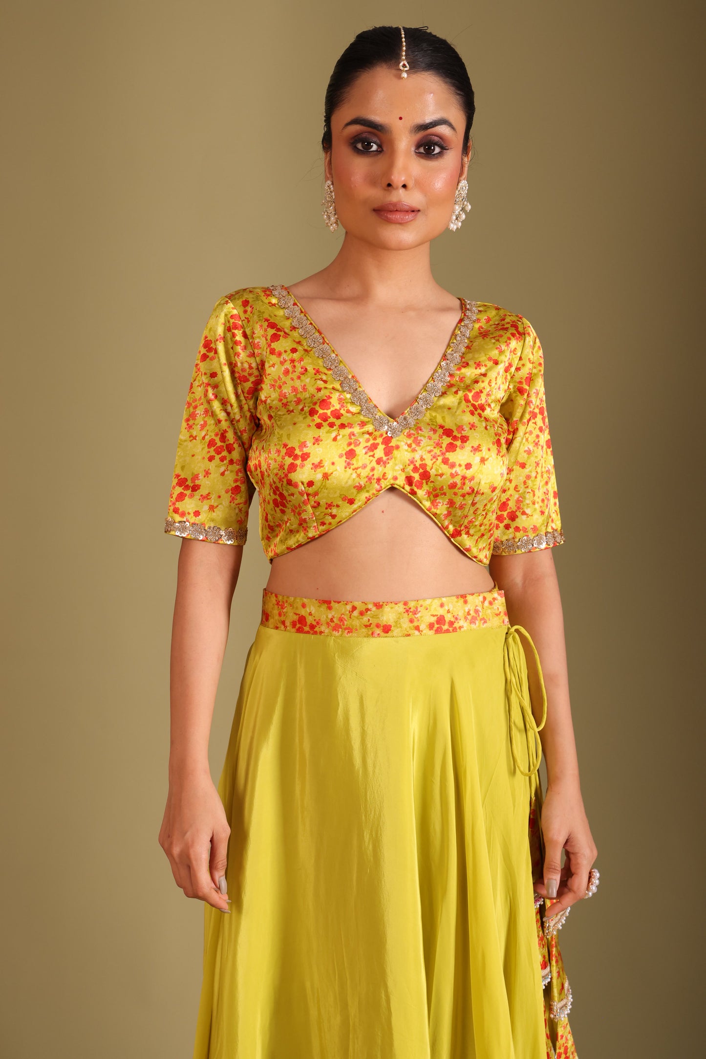 Gulzar Lime printed Blouse with Lehenga and dupatta- set of 3