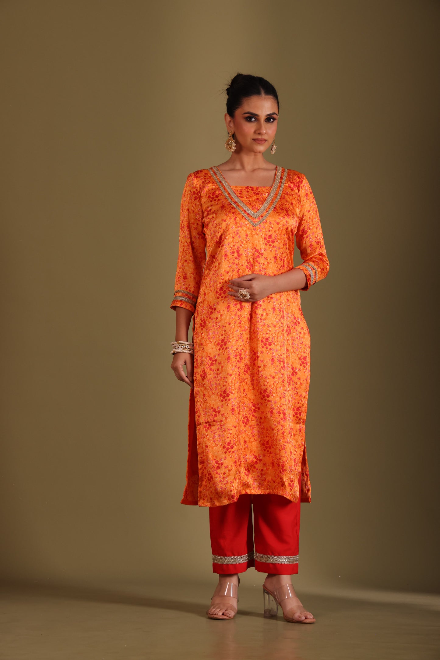 Gulzar Orange printed Kurta with Pant and dupatta- set of 3